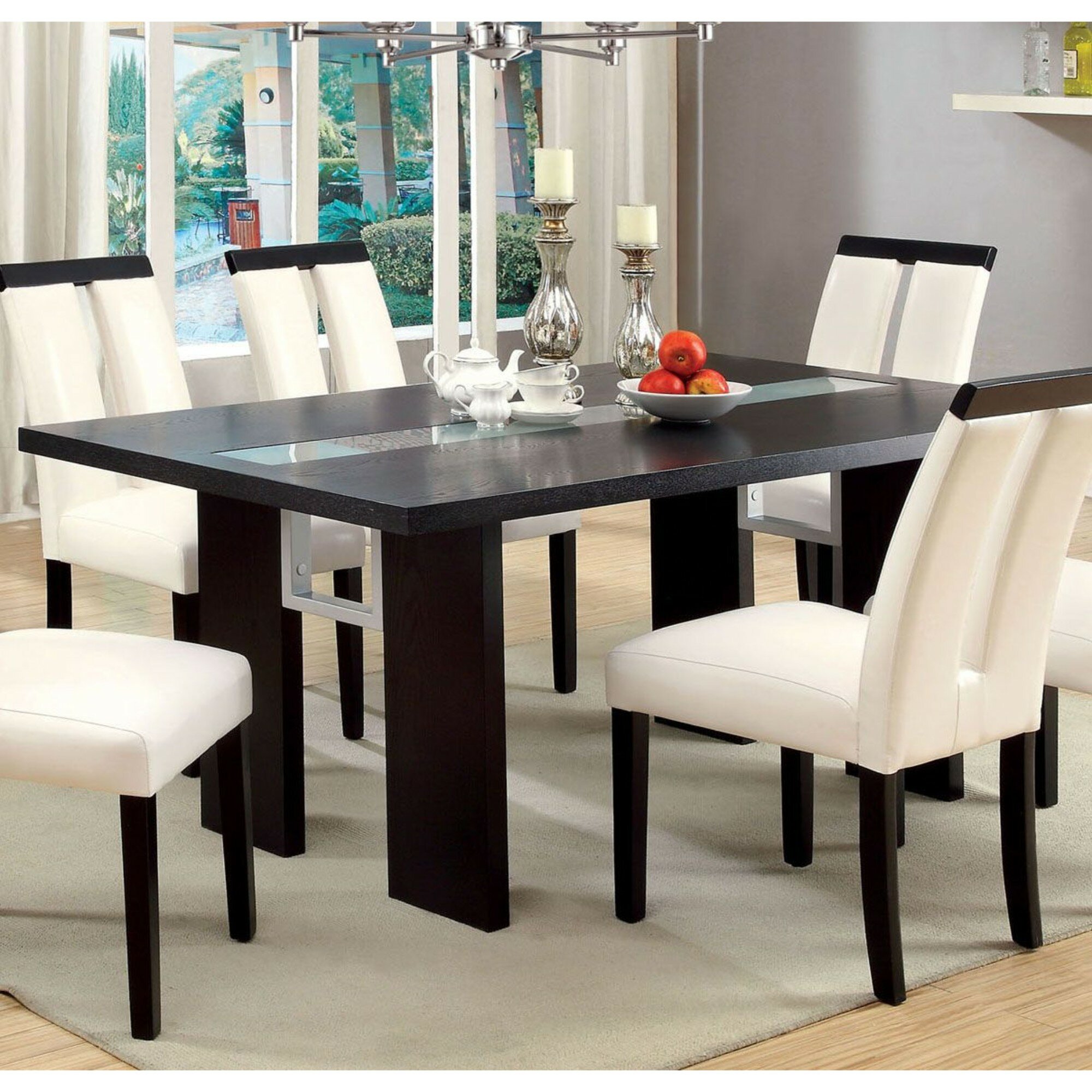Orren Ellis Greenview Contemporary Glass-Insert Solid Wood Dining Table