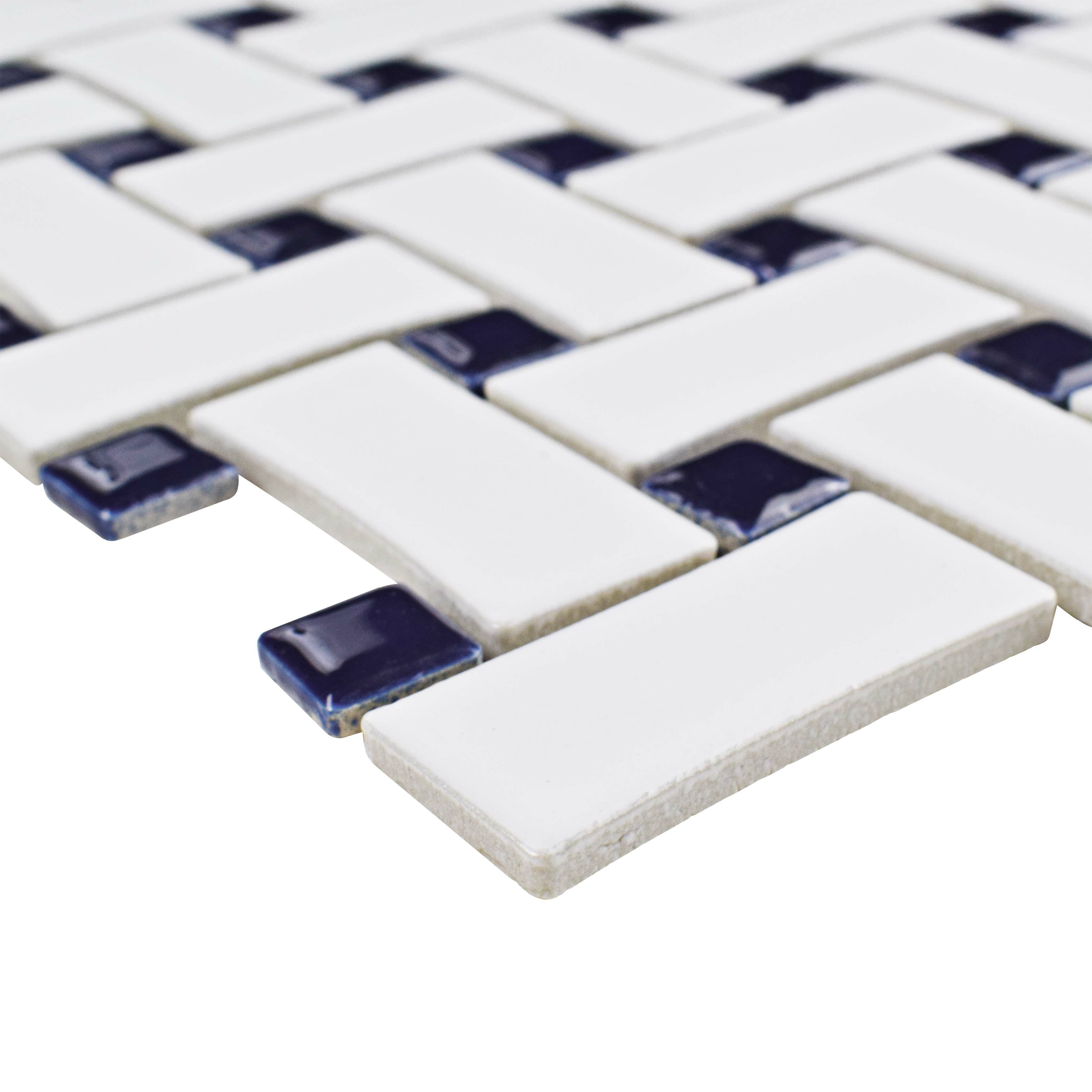 EliteTile Retro Basket Weave Random Sized Porcelain Mosaic Tile in White and Cobalt & Reviews ...