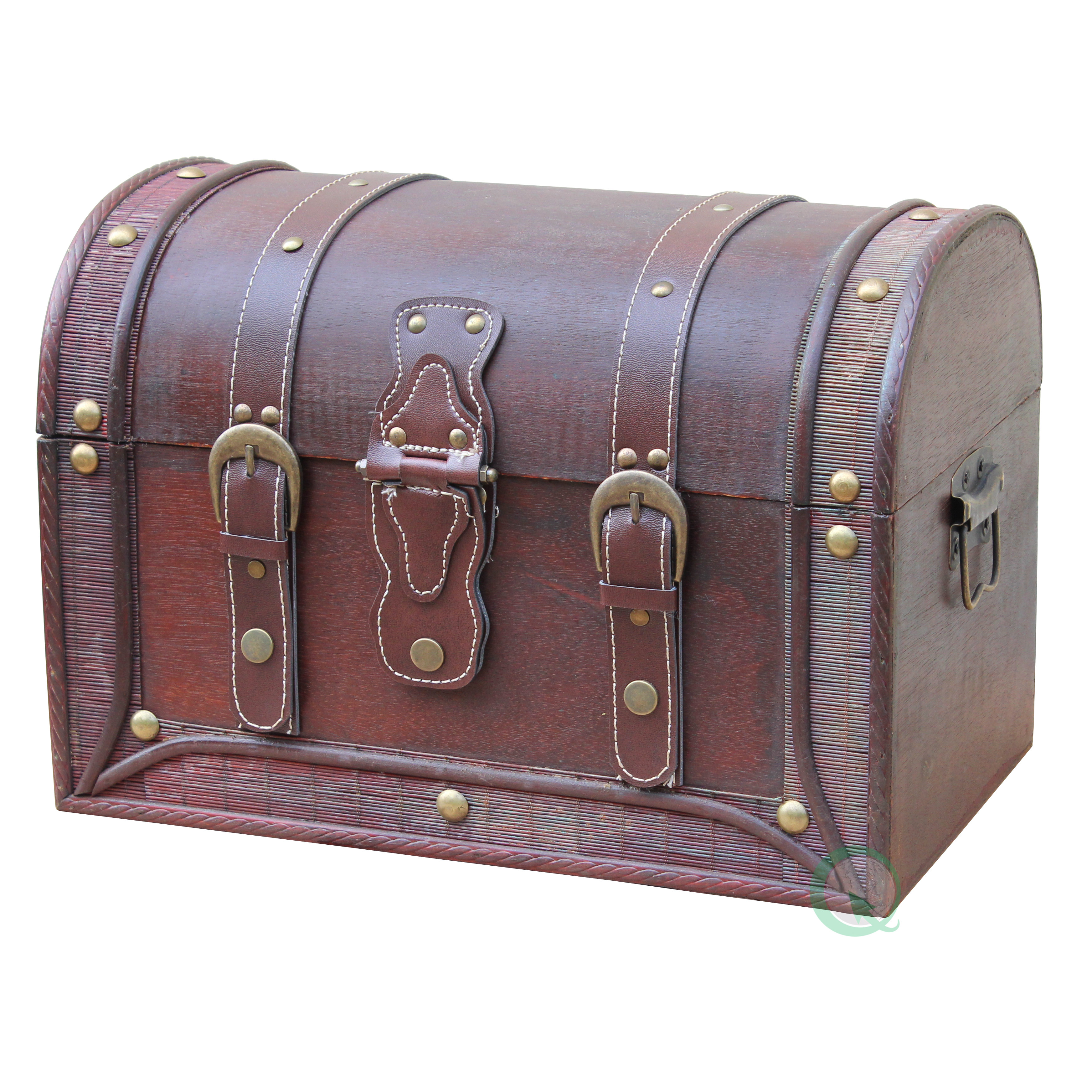 Quickway Imports Antique Style Wood and Leather Trunk with Round Top