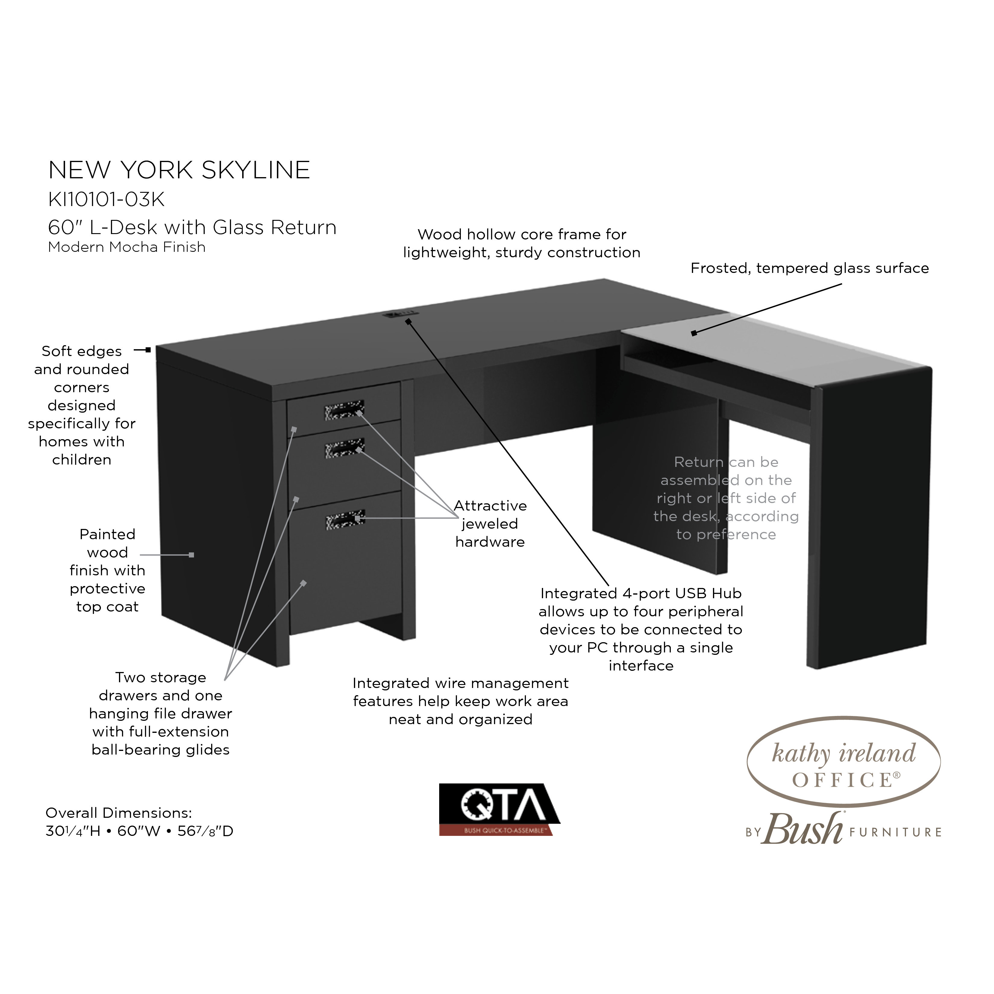 Kathy Ireland Office by Bush New York Skyline Glass Return LShape