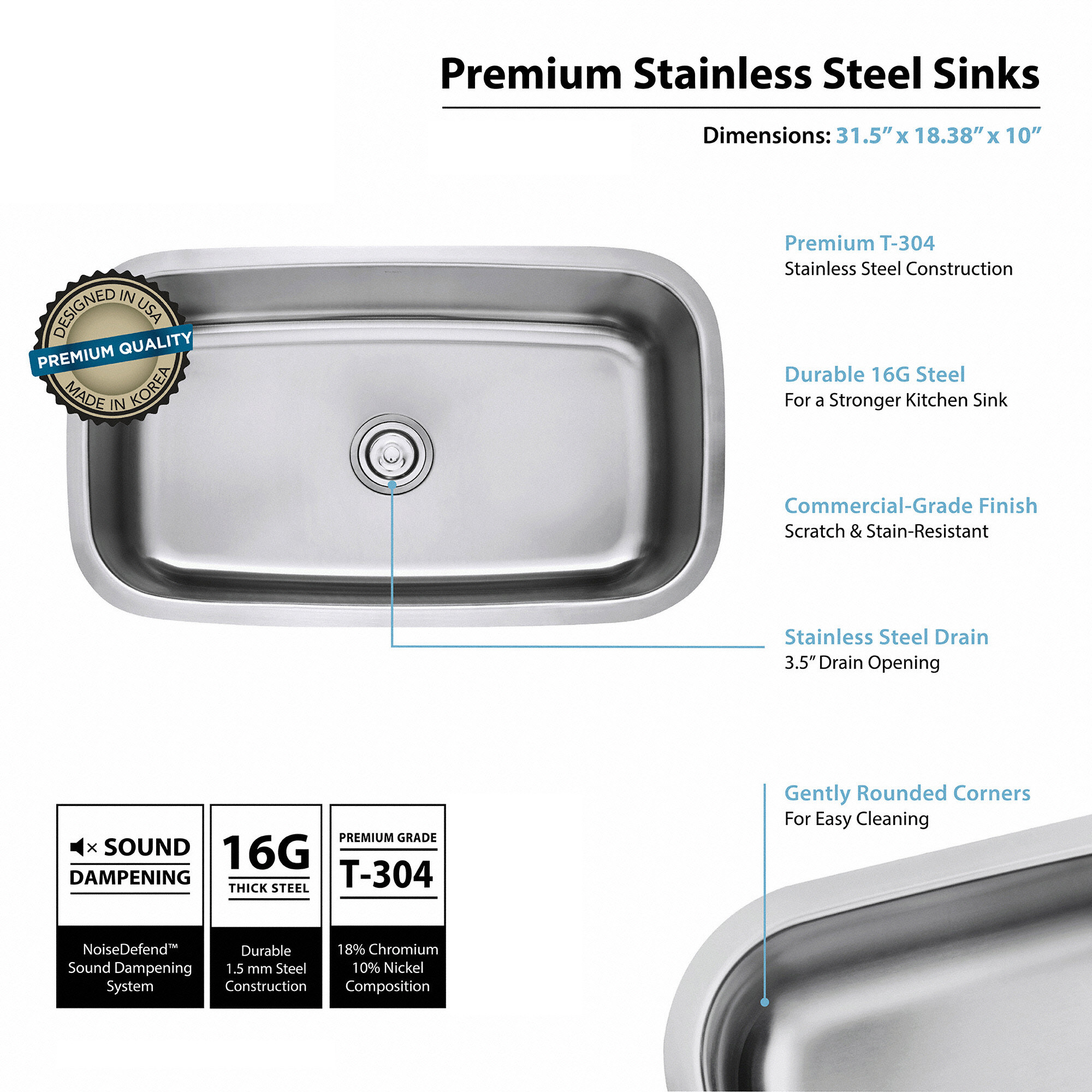 Stainless Steel 16 Gauge Undermount 31.5