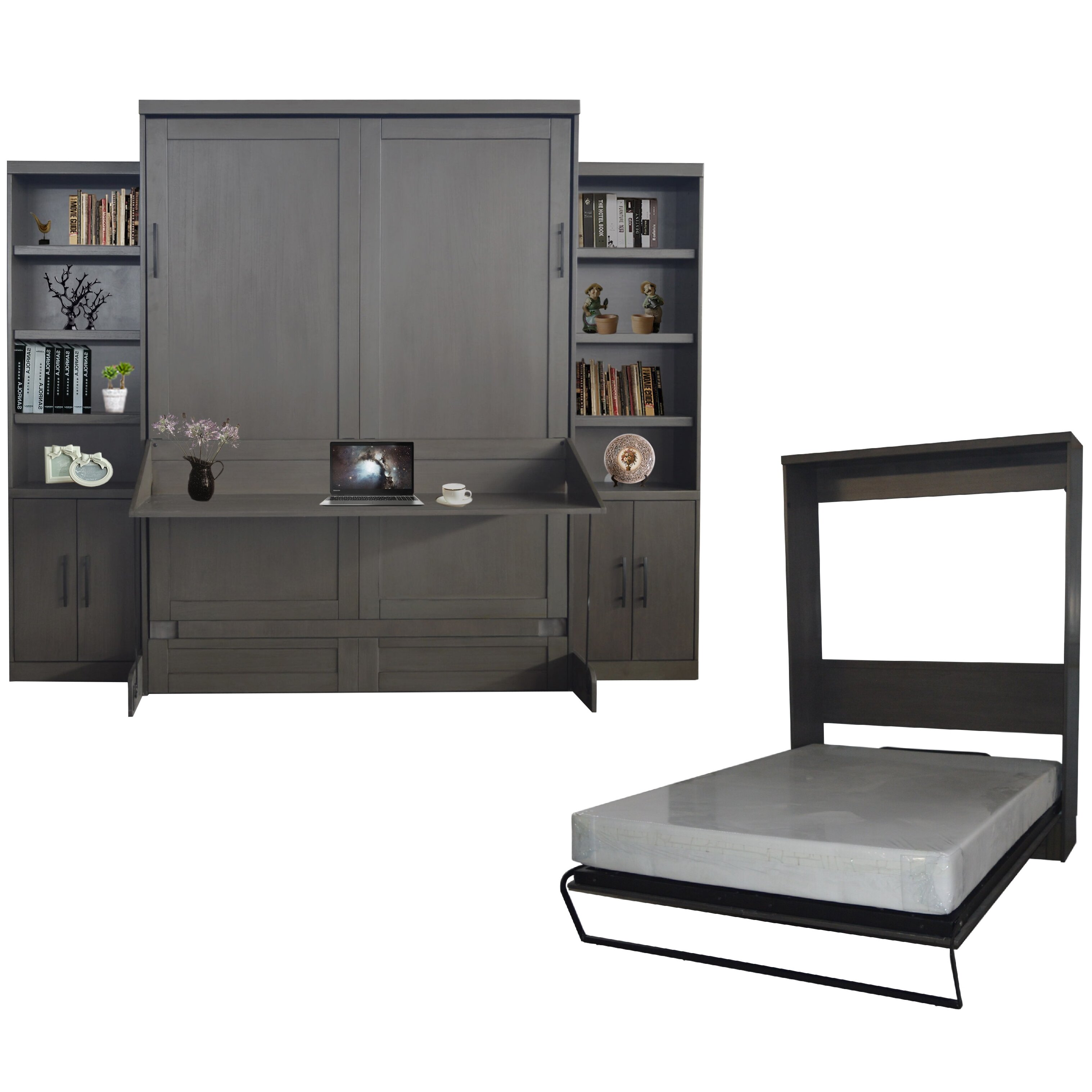 Roomandloft Andrew Queen Size Murphy Desk Bed With Two Door Bookcases Metro Grey Finish 7419