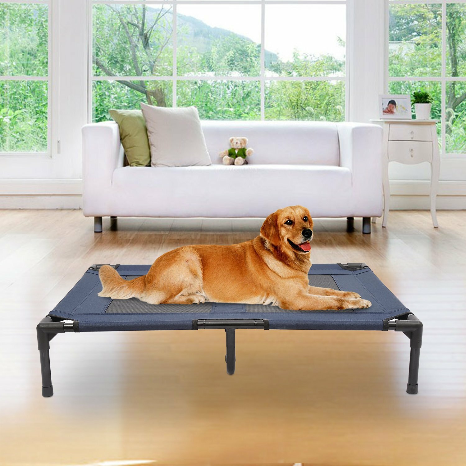 Pawhut Dog Elevated Raised Cot Bed in Blue and Black Wayfair UK