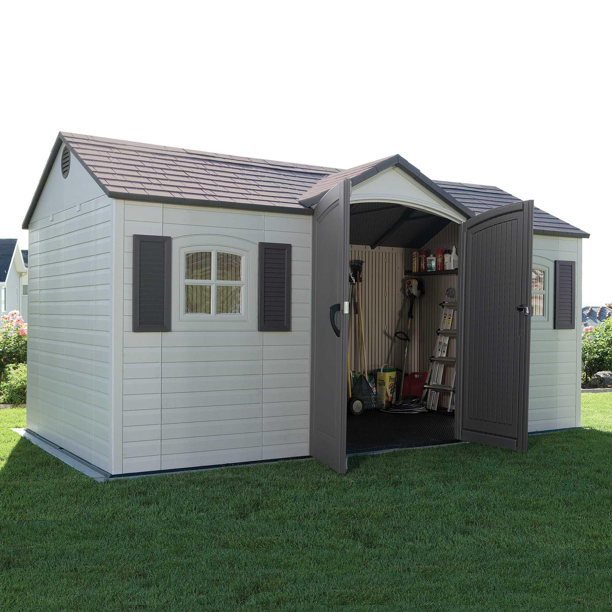 Lifetime side entry 15 ft. w x 8 ft. d plastic storage shed ...