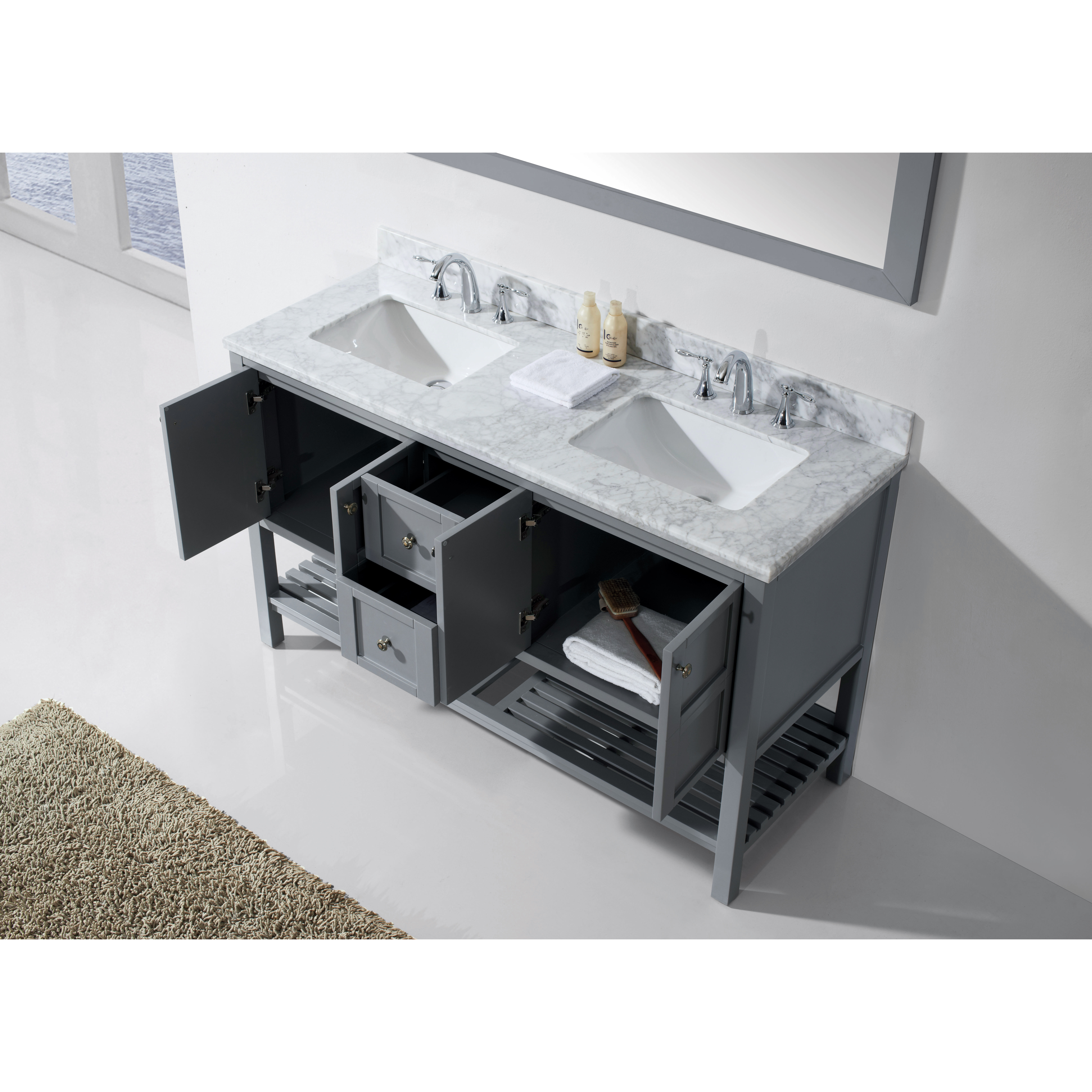Virtu Winterfell 60" Double Bathroom Vanity Set with White Carrara Top