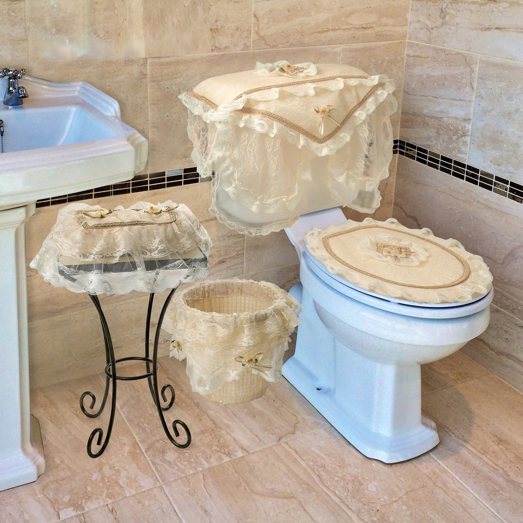 Violet Linen Eden Lace 4 Piece Bathroom Set Reviews Wayfair Violet Linen Eden Lace 4 Piece Bathroom Set