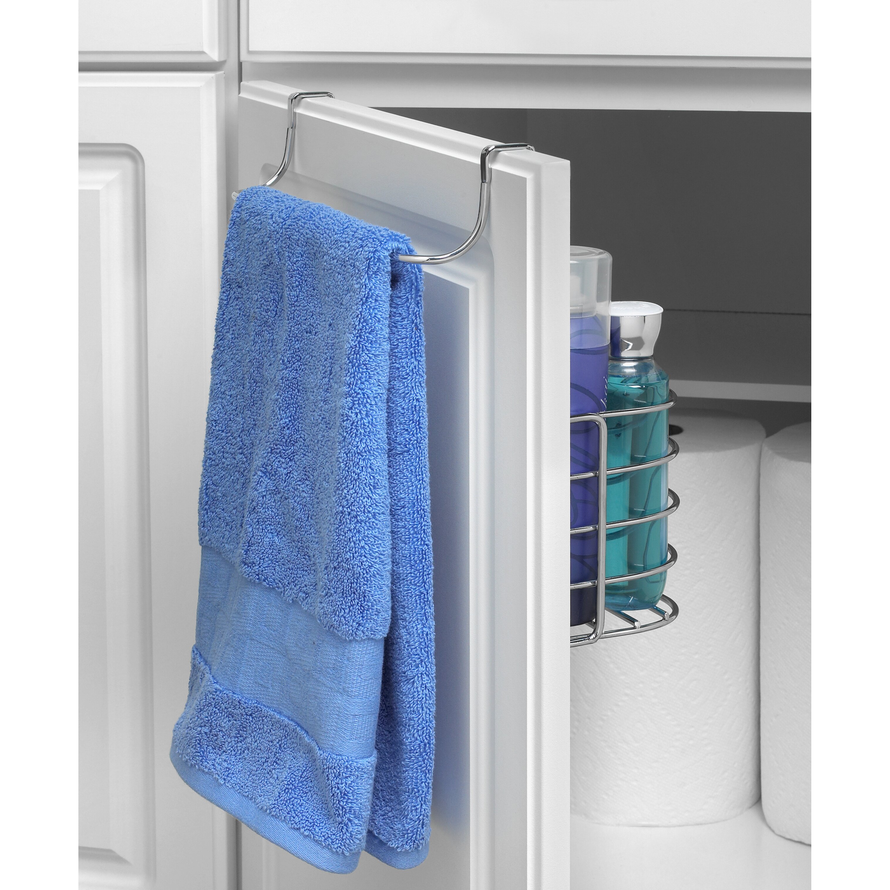 Over cabinet door towel bar with basket