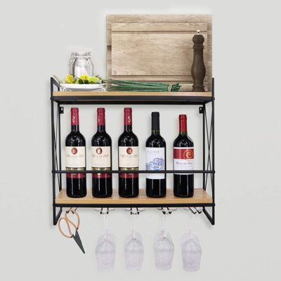 Wall Mounted Wine Bottle & Glass Rack in Wood Black