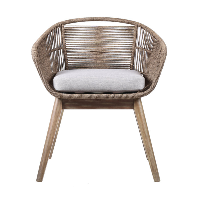 Joss and Main Kiki Indoor Outdoor Dining Chair In Light/Dark Eucalyptus Wood With Latte Rope And Grey Cushion