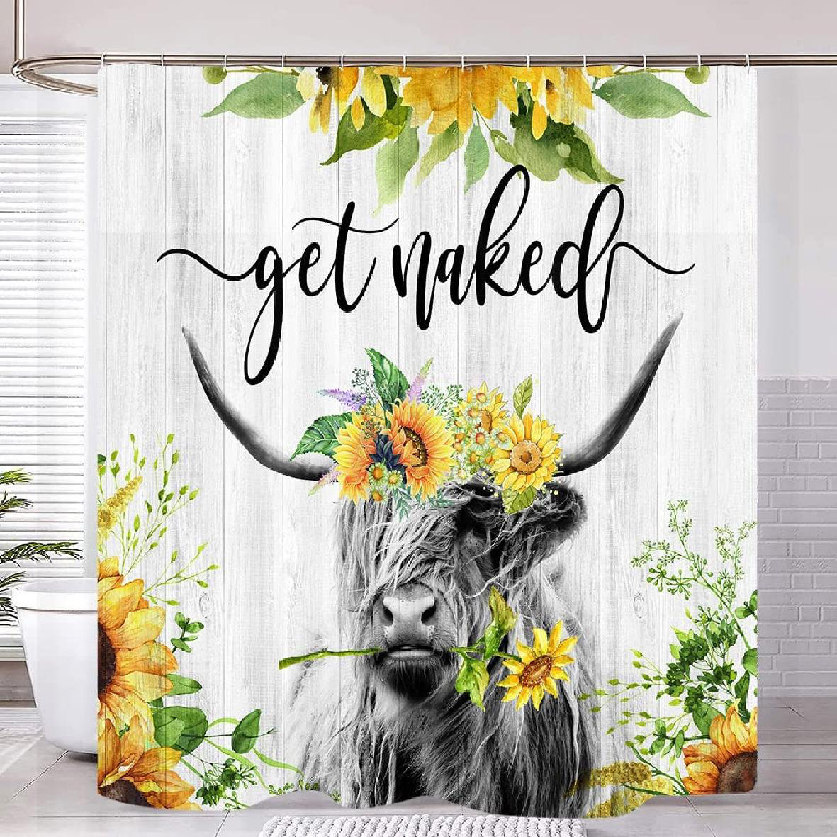 71" Cow Shower Curtain & Hooks Farm Animals Sunflowers Bathroom Accessory Sets