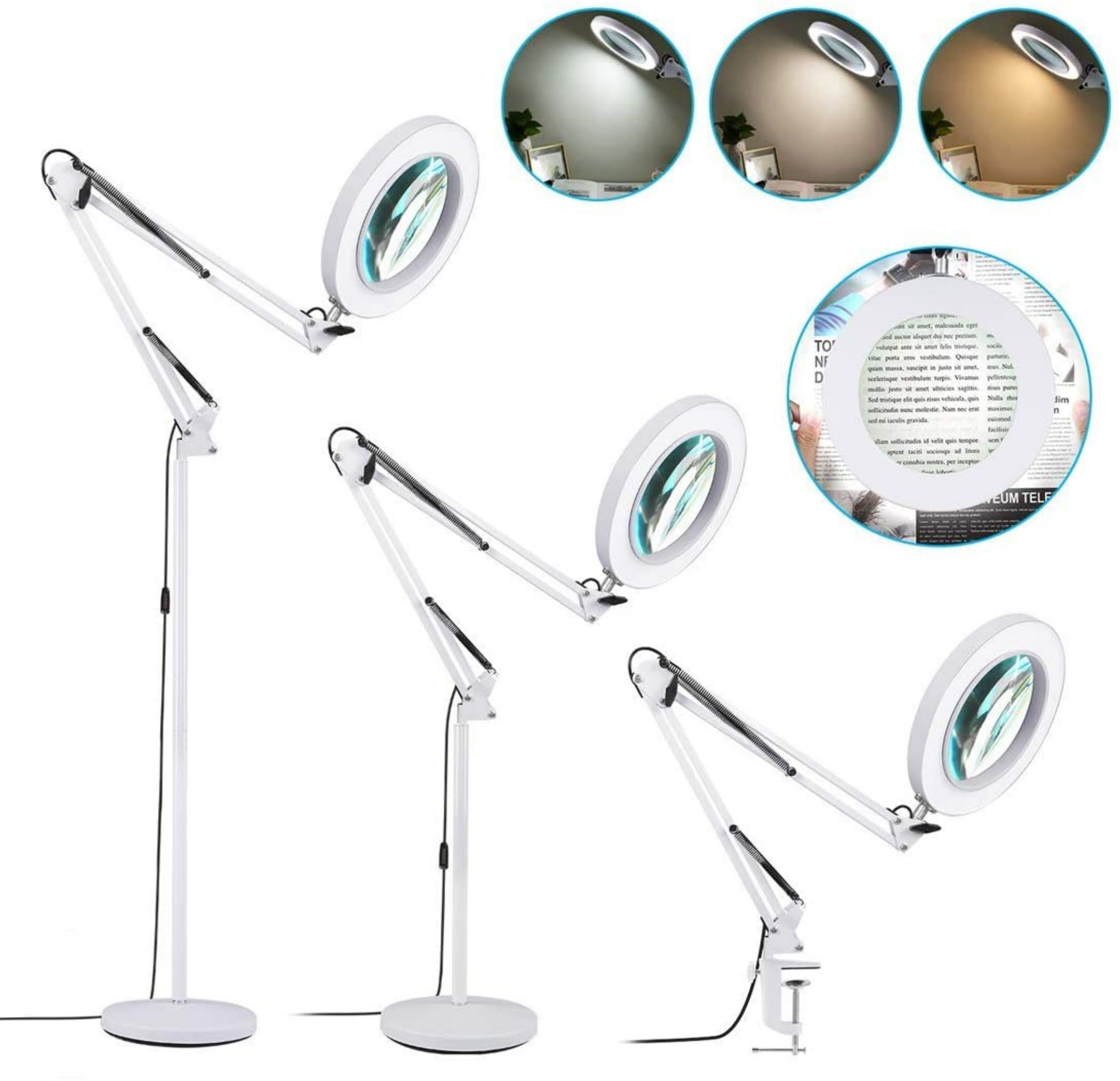 Tacoday Magnifying Floor Lamp With Stand, 8 Diopter Real Glass Lens - 5X, 3  Color Modes, Stepless Dimming, Adjustable Swivel Arm With Clamp, LED  Magnifier Light For Close Work, Repair, Craft, Reading - White | Wayfair