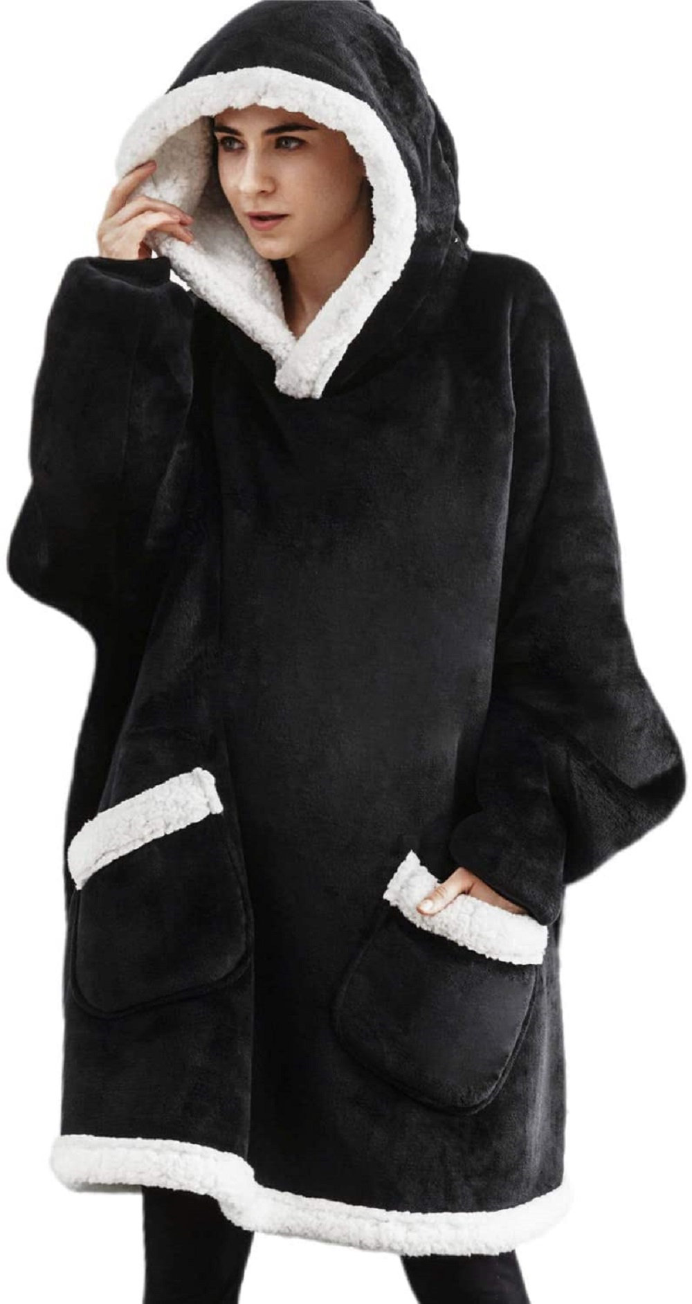 Oversize Hoodie Big Wearable Warm Blanket Sweatshirt Gift for Women and Men，Plush Fluffy Sherpa Fleece with Sleeves and Giant Pocket 