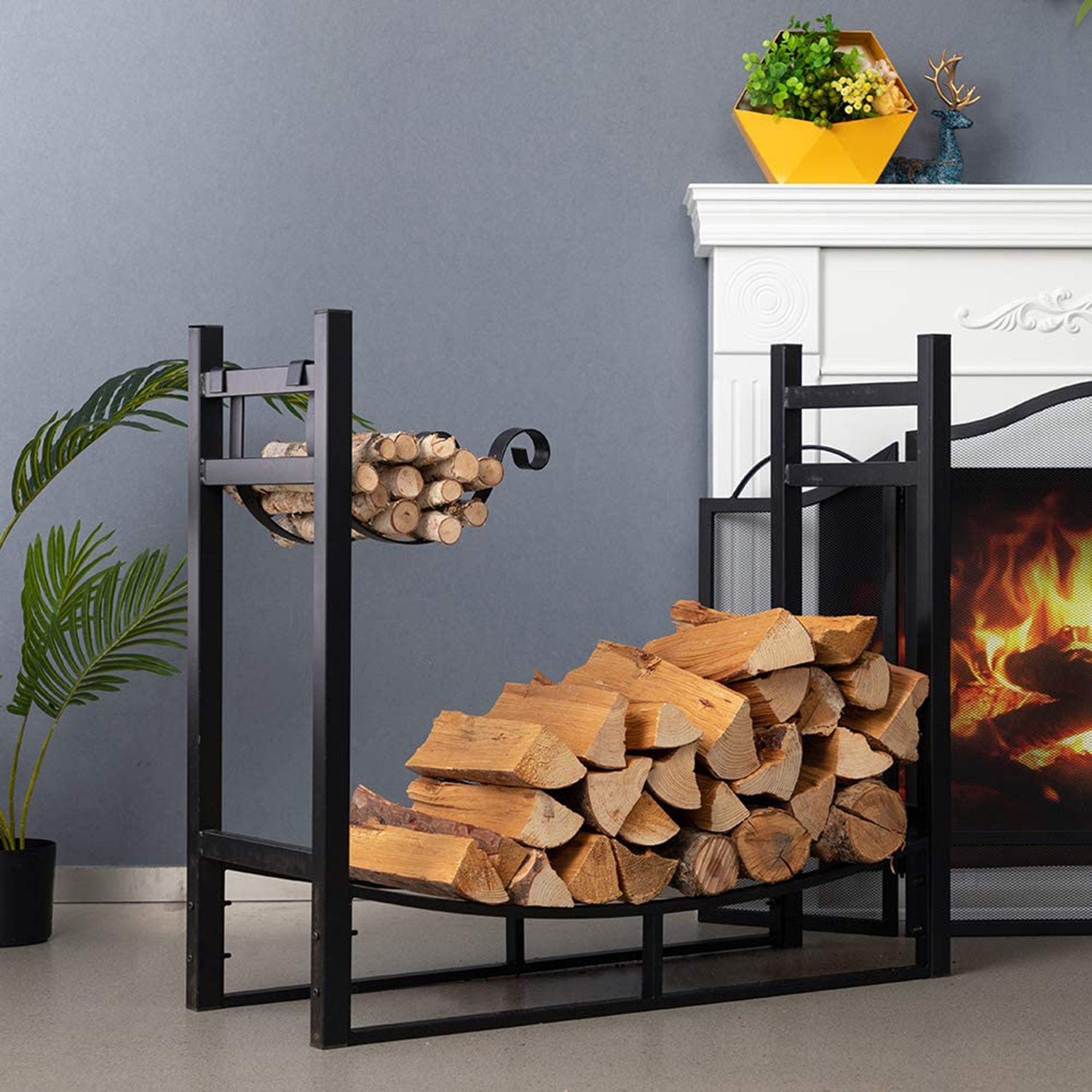 4ft Outdoor Firewood Log Rack for Fireplace Heavy Duty Wood Stacking Holder for Patio Deck Metal Kindling Logs Storage Stand Steel Tubular Wood Pile Racks Outside Fire place Tools Accessories Black Amagabeli
