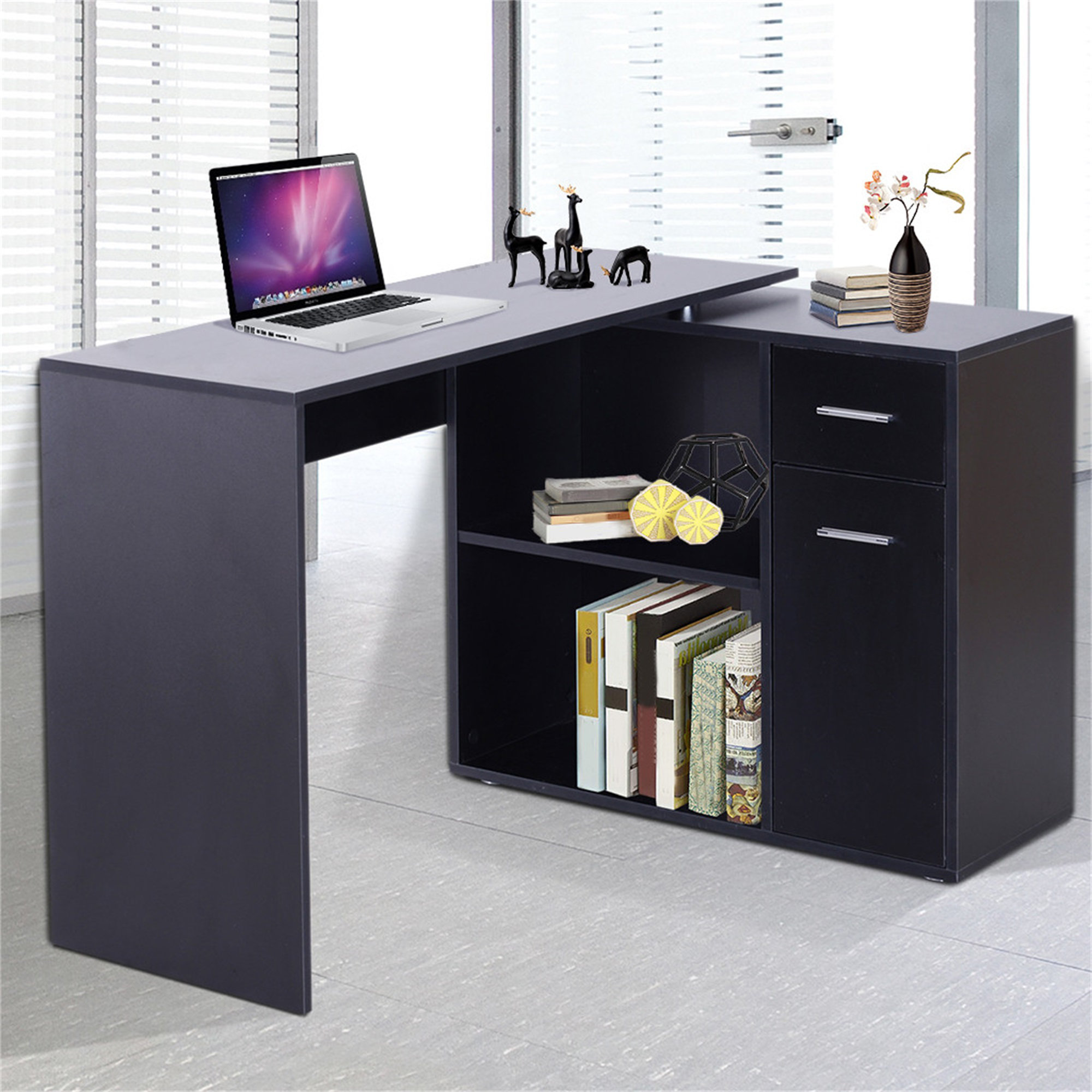 Latitude Run® 180° Rotating Corner Computer Desk LShaped Table Storage