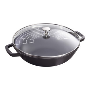 Handcrafted Oil Treated Cast Iron Frying Wok with Lid Pre-Seasoned Flat Bottom, Wood Lid, 32cm WANGYUANJI Cast Iron Wok 12.6 inches No Assist Handle