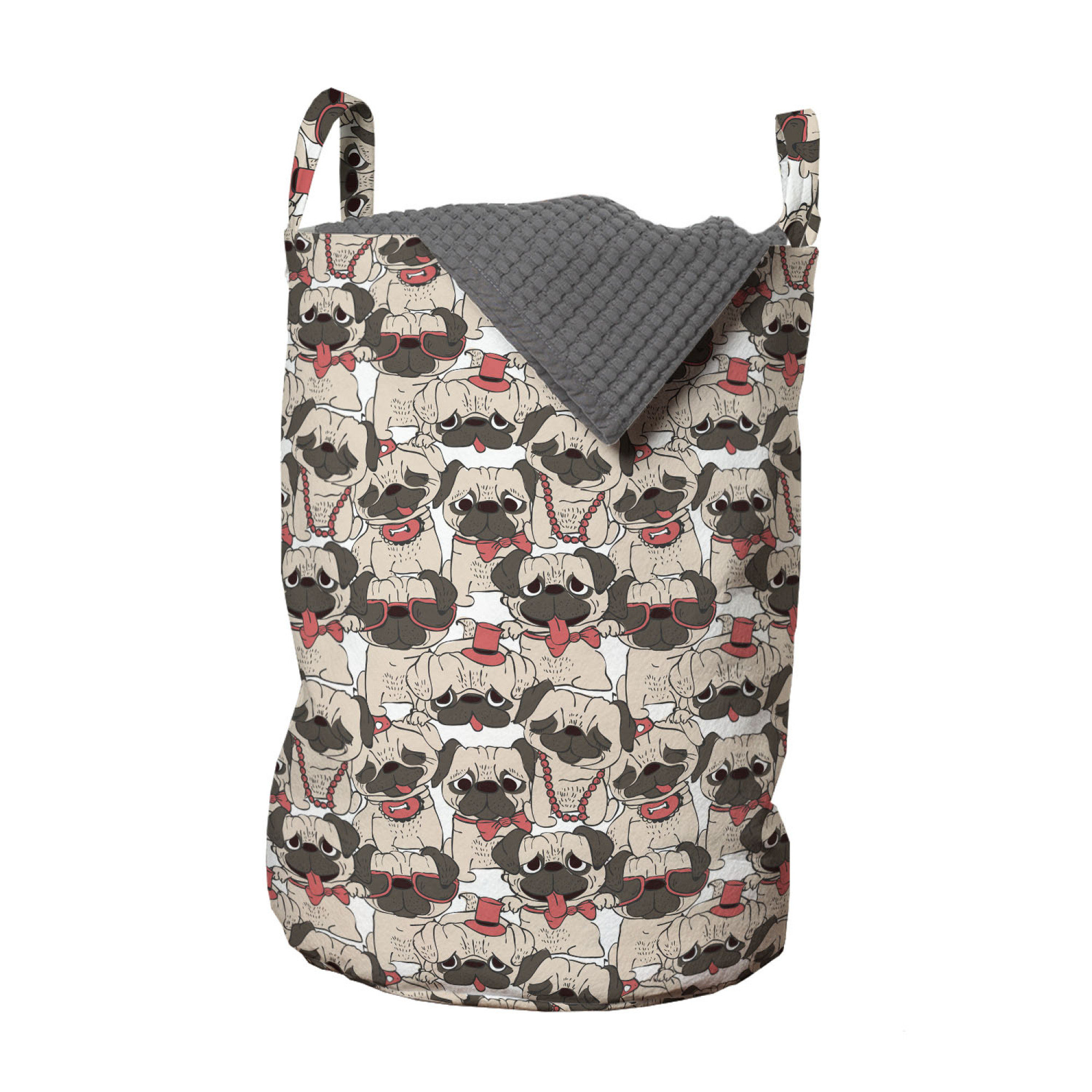East Urban Home Ambesonne Dog Lover Laundry Bag Pug Dogs With Funny Sunglasses And Bowties Necklaces Humour Pets Cartoon Hamper Basket With Handles Drawstring Closure For Laundromats 13 X 19 Coral Beige
