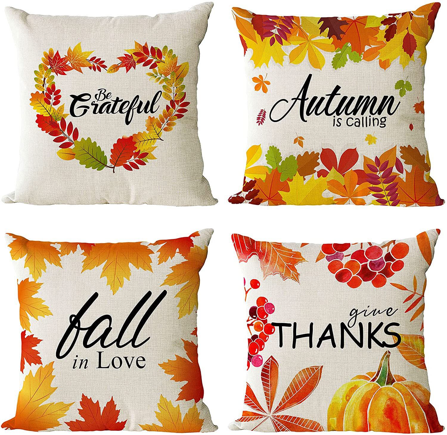 18 by 18 Set of 4 Fall Pillow Covers 18x18 Inch Fall Thanksgiving Pumpkins Decor Throw Pillows Covers Autumn Leaves Decorative Home Outdoor Sofa Couch Pillow Cases for Fall Theme Decorations 