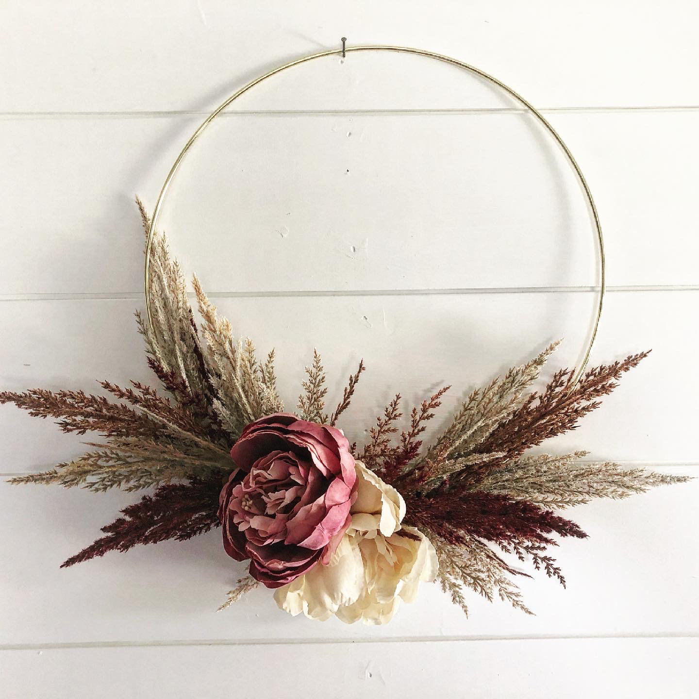 Orange and cream wreath Fall door decor Modern hoop wreath 16 inch Peony wreath