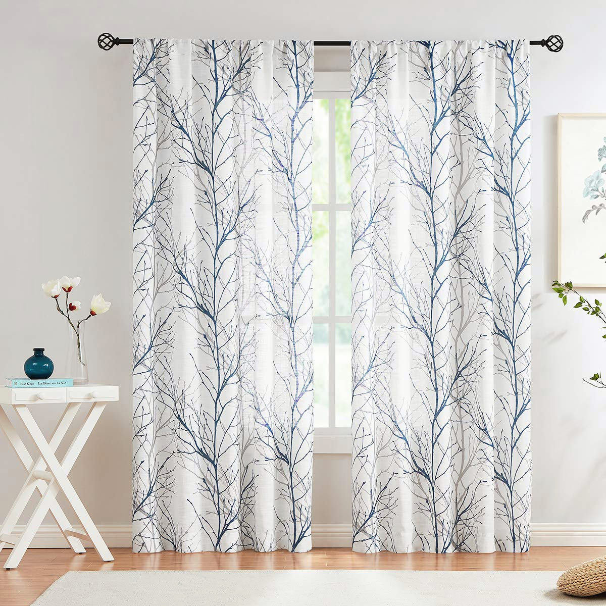 Tree Print Semi-Sheer Valance Curtain for Windows 15 inch Length Branch Design Kitchen Valance for Bathroom 50 W 1 Panel 