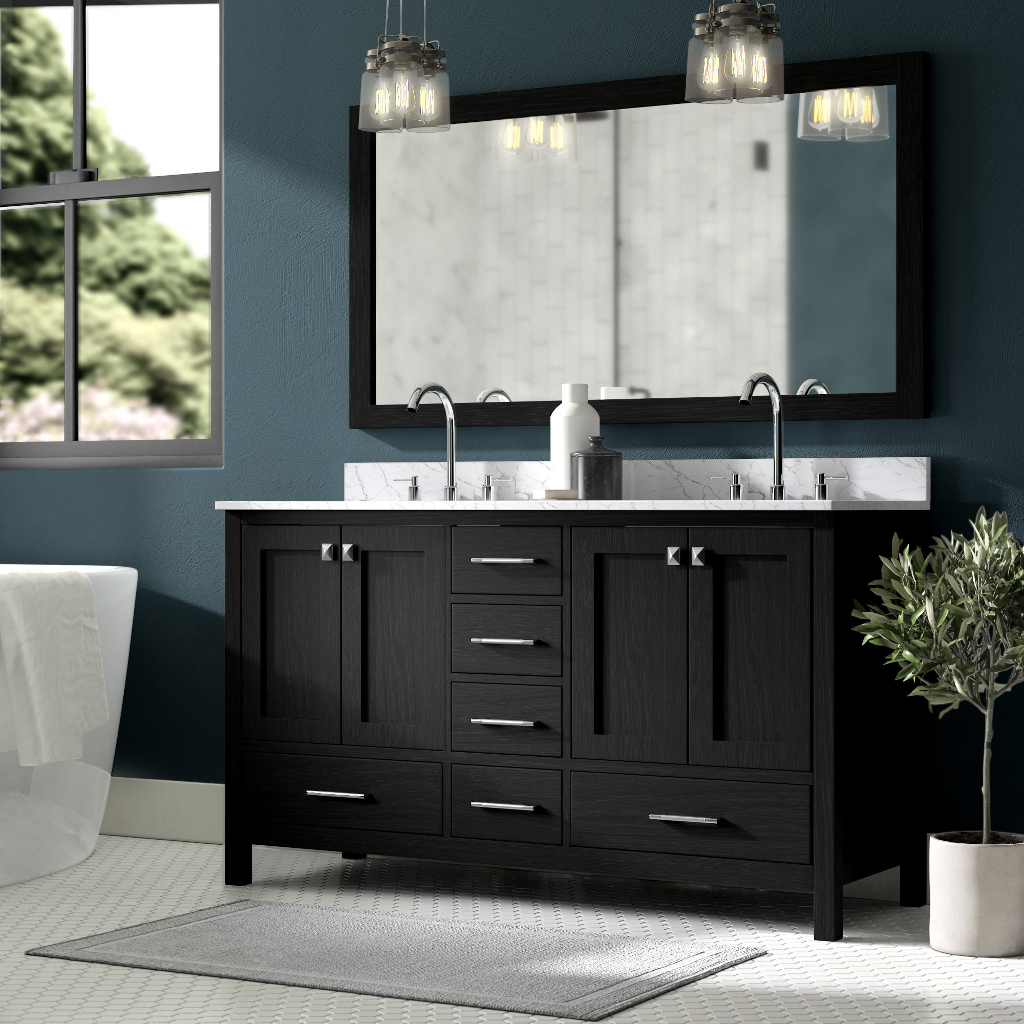 Ebern Designs Iadrik 60 Double Bathroom Vanity Set With White Marble Top And Mirror Reviews Wayfair
