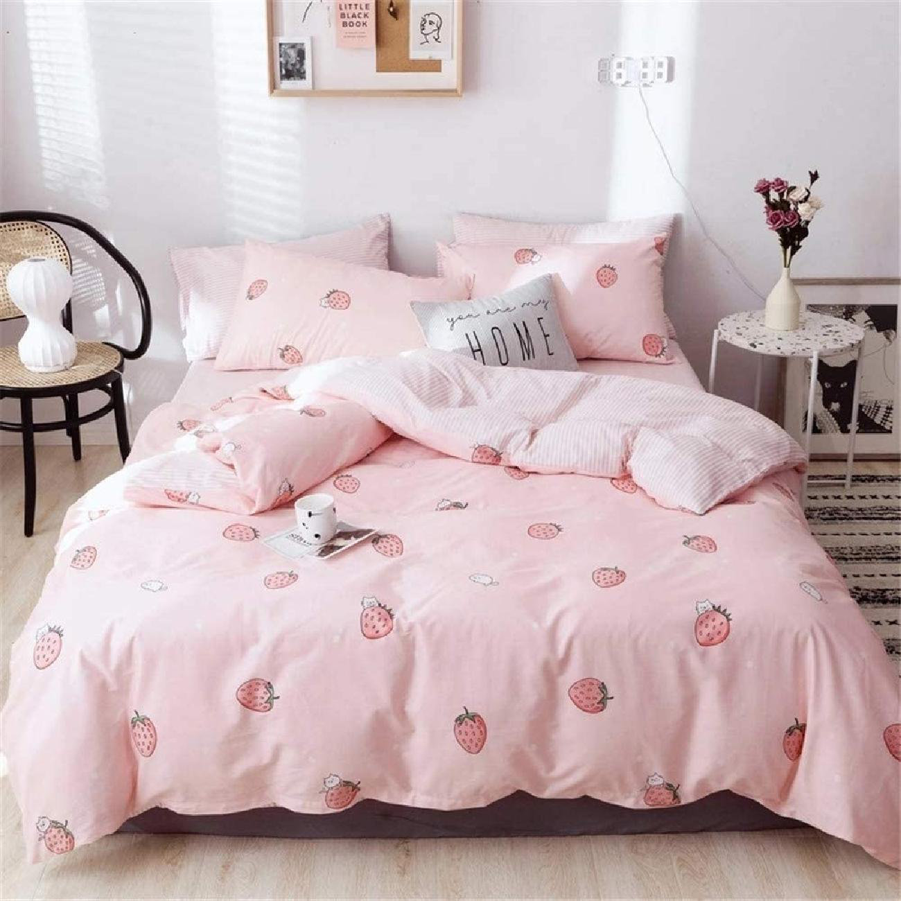 Duvet Cover and 2 Pillow Cases Linen Bedding Set Light Pink color US Queen + Standard Pillowcases