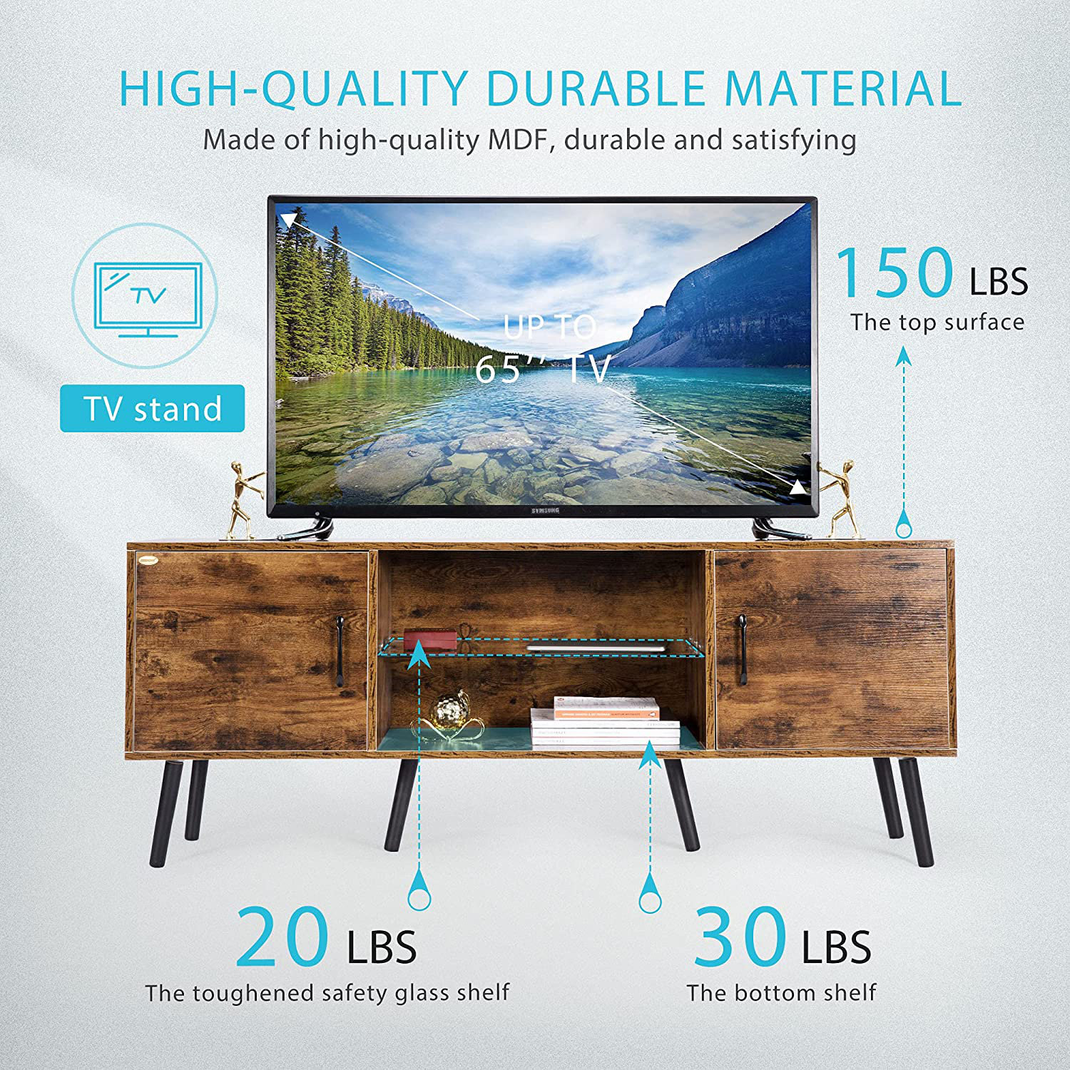 Corrigan Wooden Mid-century Modern Tv Stand For Tvs Up To 65 Inch Media Console With 2 Cabinets And Open Storage Shelves For Living Room, Rustic Brown | Wayfair