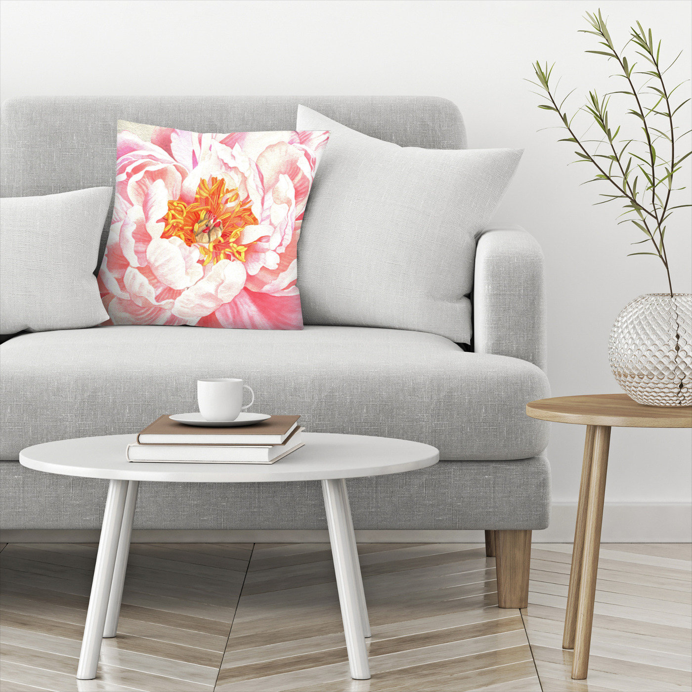 peach and gray throw pillows