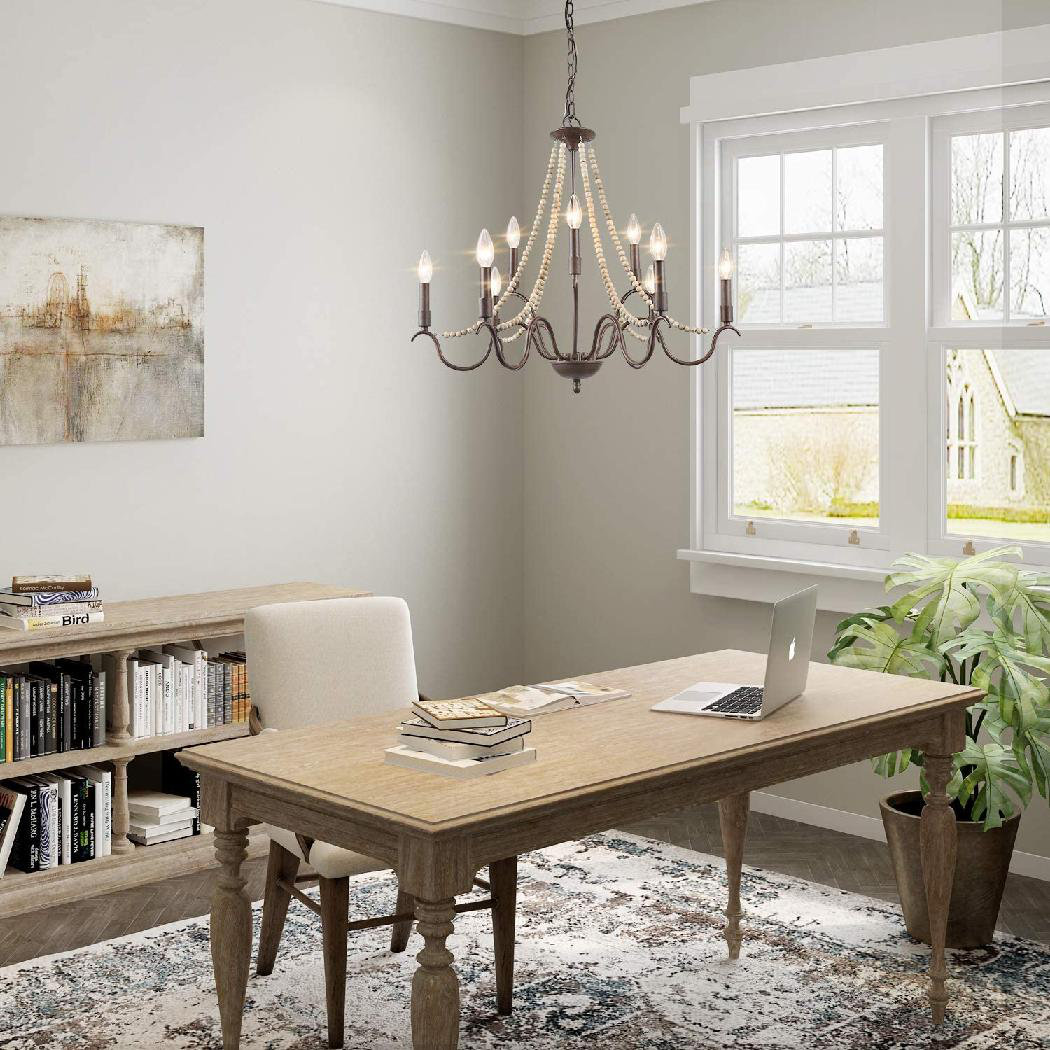 Farmhouse Chandelier With Wood Beads, Dining Room Chandelier Hanging Lighting Fixtures, 9-Light French Country Chandelier For Living Room, Bedroom, ...