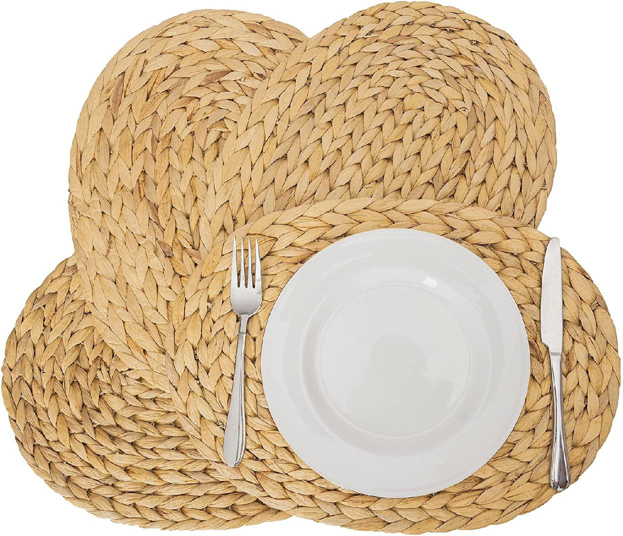Set of 4 Natural Rattan Jute Charger Plates for Dining Table - 11.8” Straw Plate Chargers Heat Resistant Braided Seagrass Water Hyacinth Placemats Round Woven Placemats 