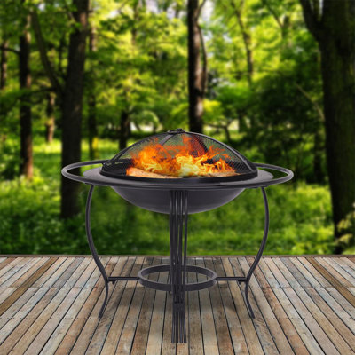 25In Fire Pit Outdoor Wood Burning Firepit BBQ Grill Steel Fire Bowl With Spark Screen Cover, Log Grate, Poker