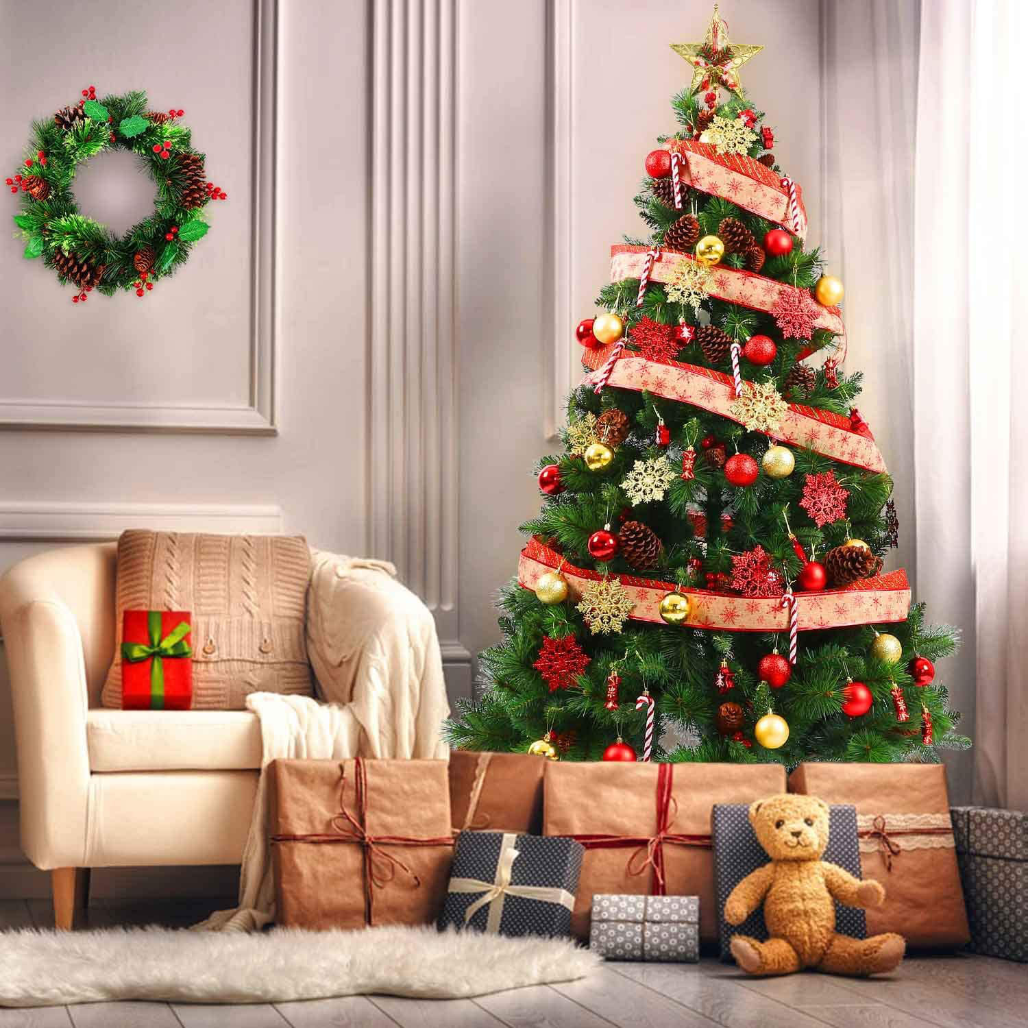 Kurt Adler 150 Piece Gold Christmas Tree Trimming Shatterproof Ornament and Tree Topper Kit 