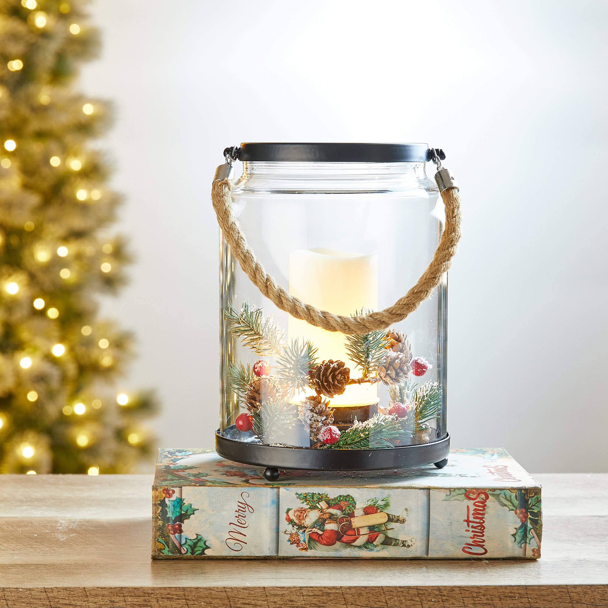 Glass Christmas Lantern Holiday Hurricane Style Candle Holder With Flameless Flicker Candle 11 Tall