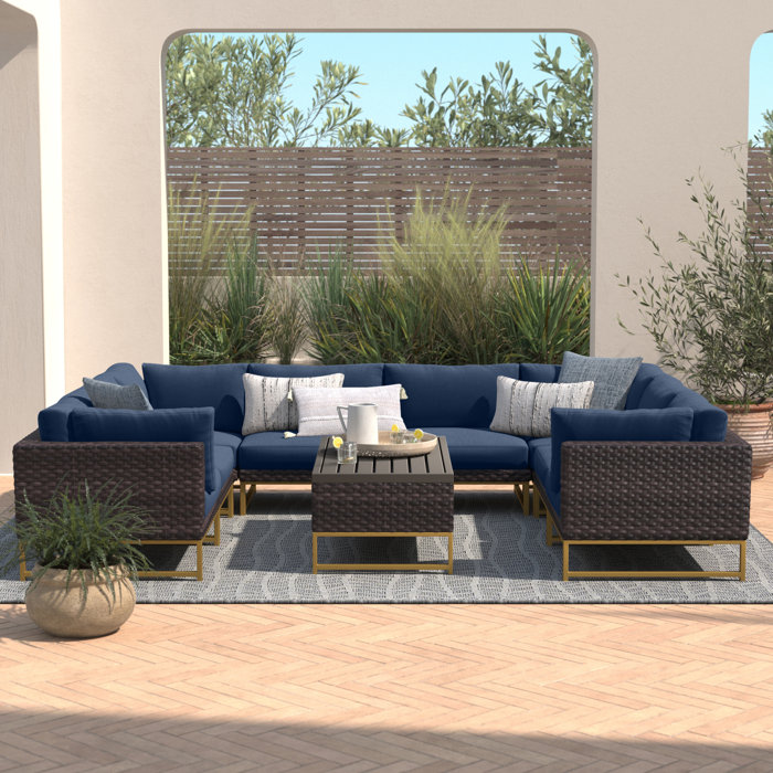 Joss and Main 9 Piece Rattan Sectional Seating Group with Cushions