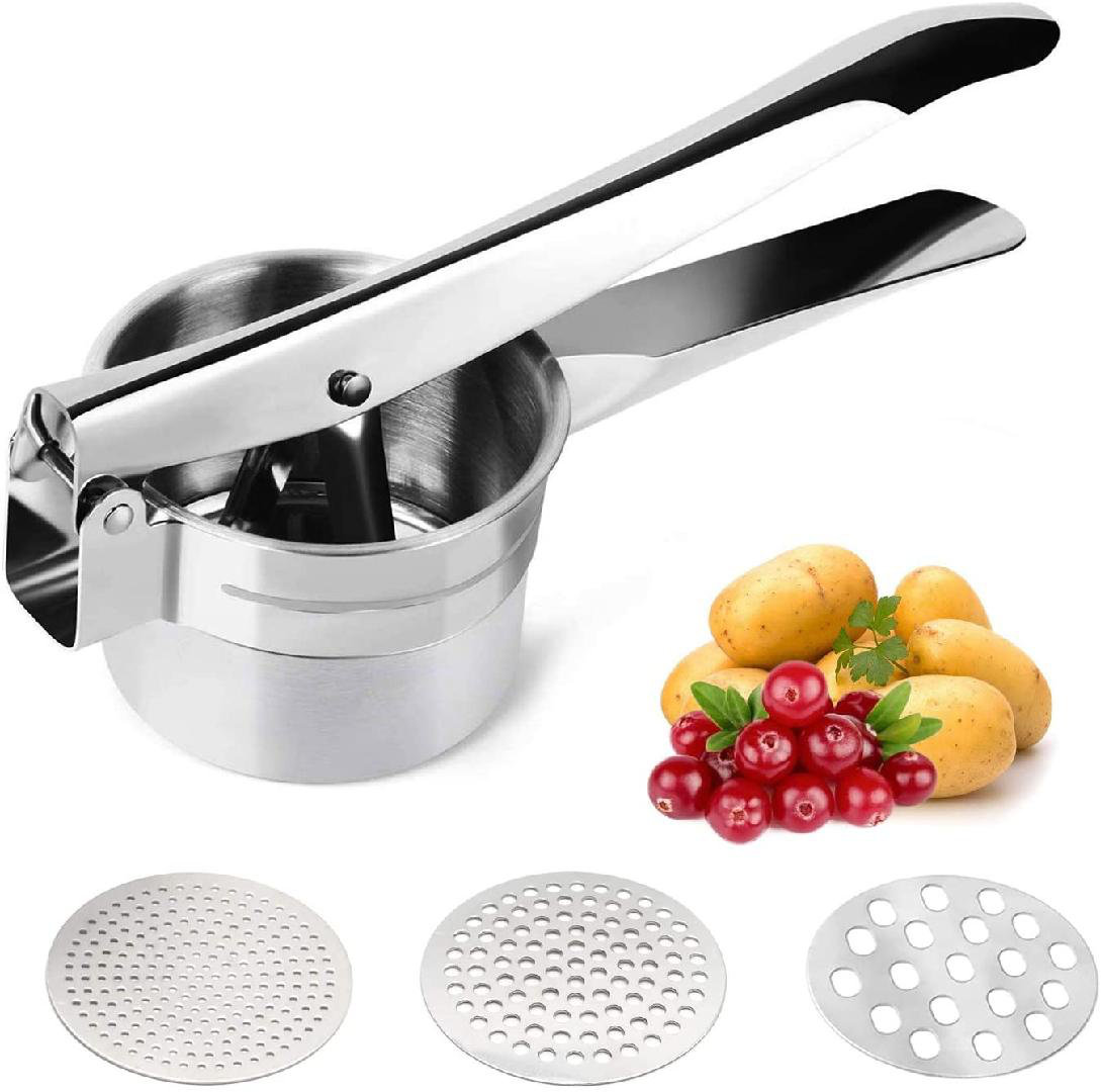 Potato Ricer Fruits Vegetables Stainless Steel Potato Masher Press with 3 Interchangeable Ricing Discs for Potatoes