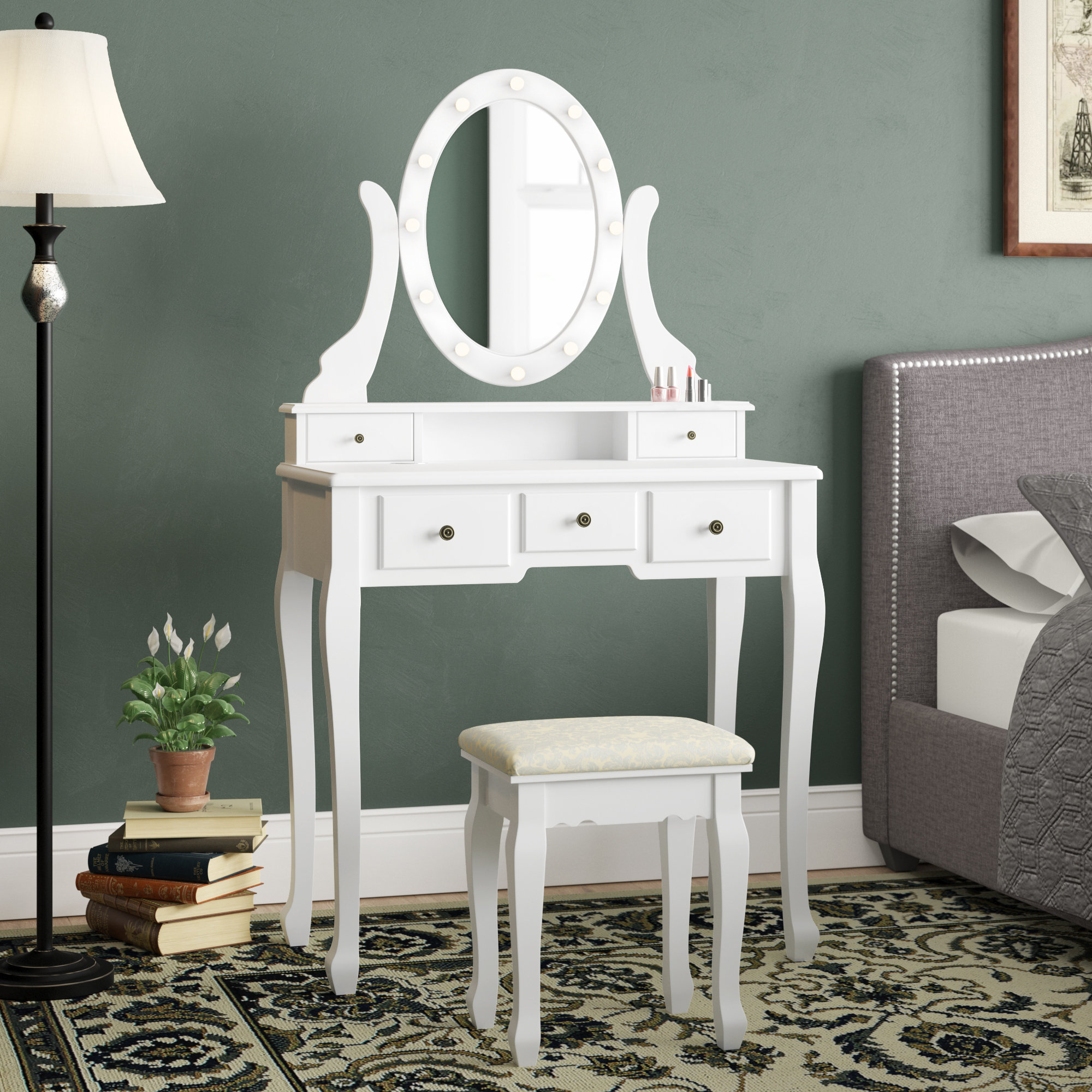 Makeup Dressing Table White Vanity Set W// Stool and Oval Mirror 4 Drawers Black for sale online