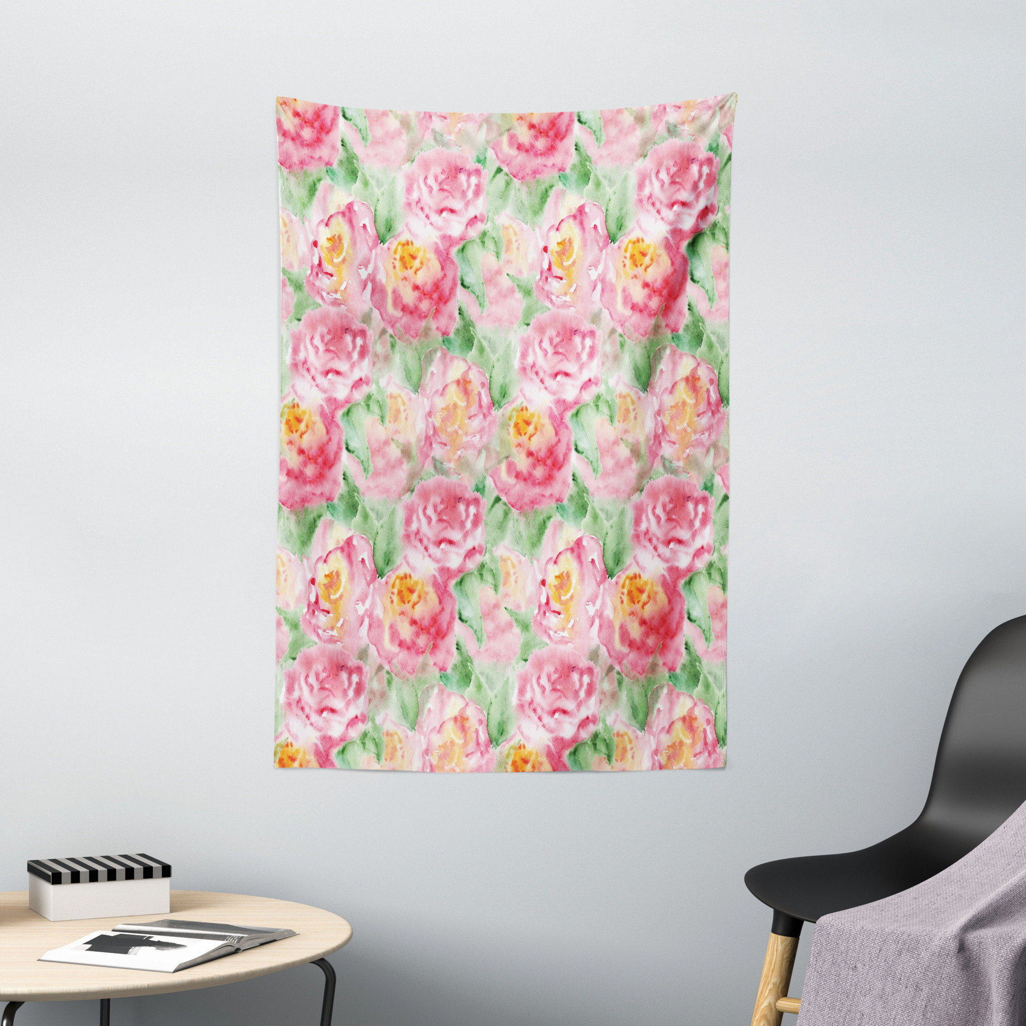 Wall Hanging for Bedroom Living Room Dorm Decor Green Pink Romantic Summer Theme Rose Blossoms Ornate Vintage Art 40 X 60 Ambesonne Watercolor Flower Tapestry 