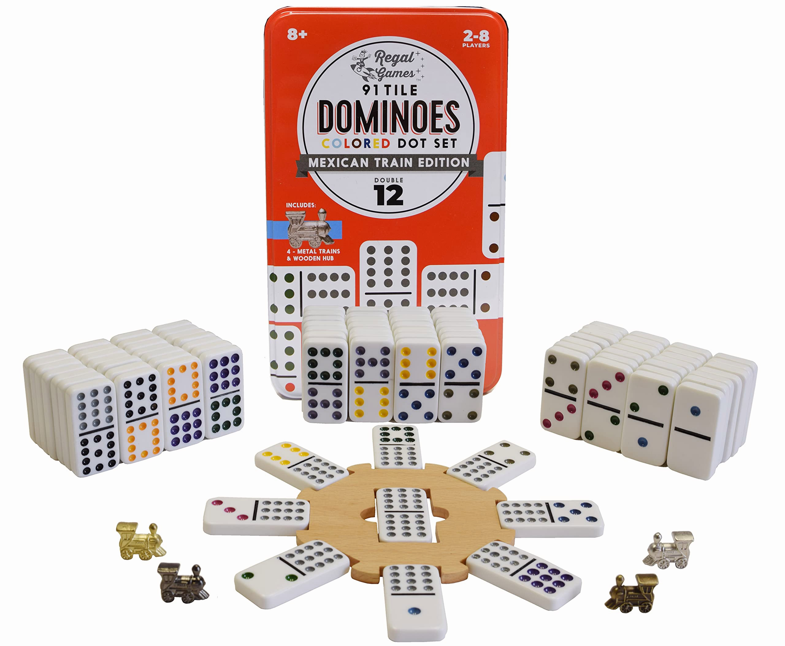 Korting Overweldigend gen MELODY Double 12 Colored Dot Dominoes Mexican Train Game Set With Wooden  Hub, 91 Domino Tiles, 4 Metal Trains, And Collectors Tin | Wayfair