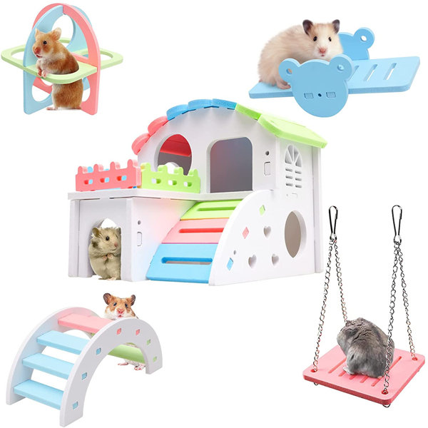 DIY Dwarf Hamster Wooden House Seesaw Swing Gym Room Climbing Bridge Bedding Hut Play Toys Small Hamster House Décor Cage Accessories Blue