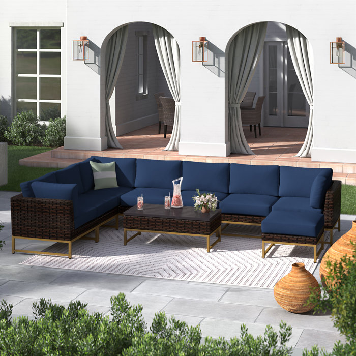 Joss and Main 9 Piece Rattan Sectional Seating Group with Cushion