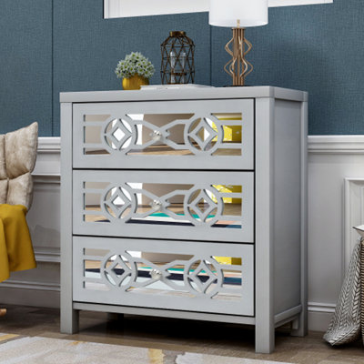 Wooden Storage Cabinet With 3 Drawers And Decorative Mirror, Natural Wood (Silver)