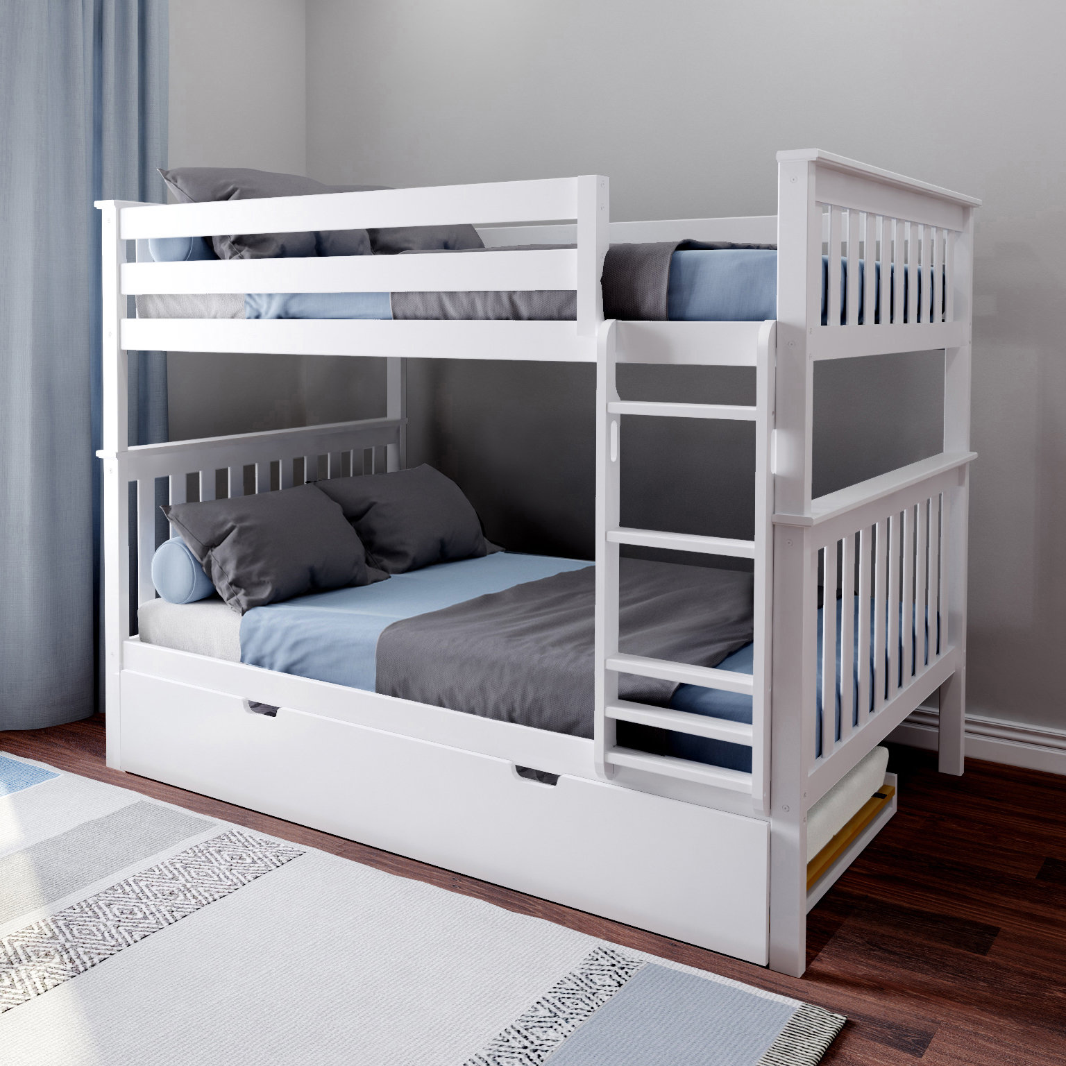 white bunk beds that separate