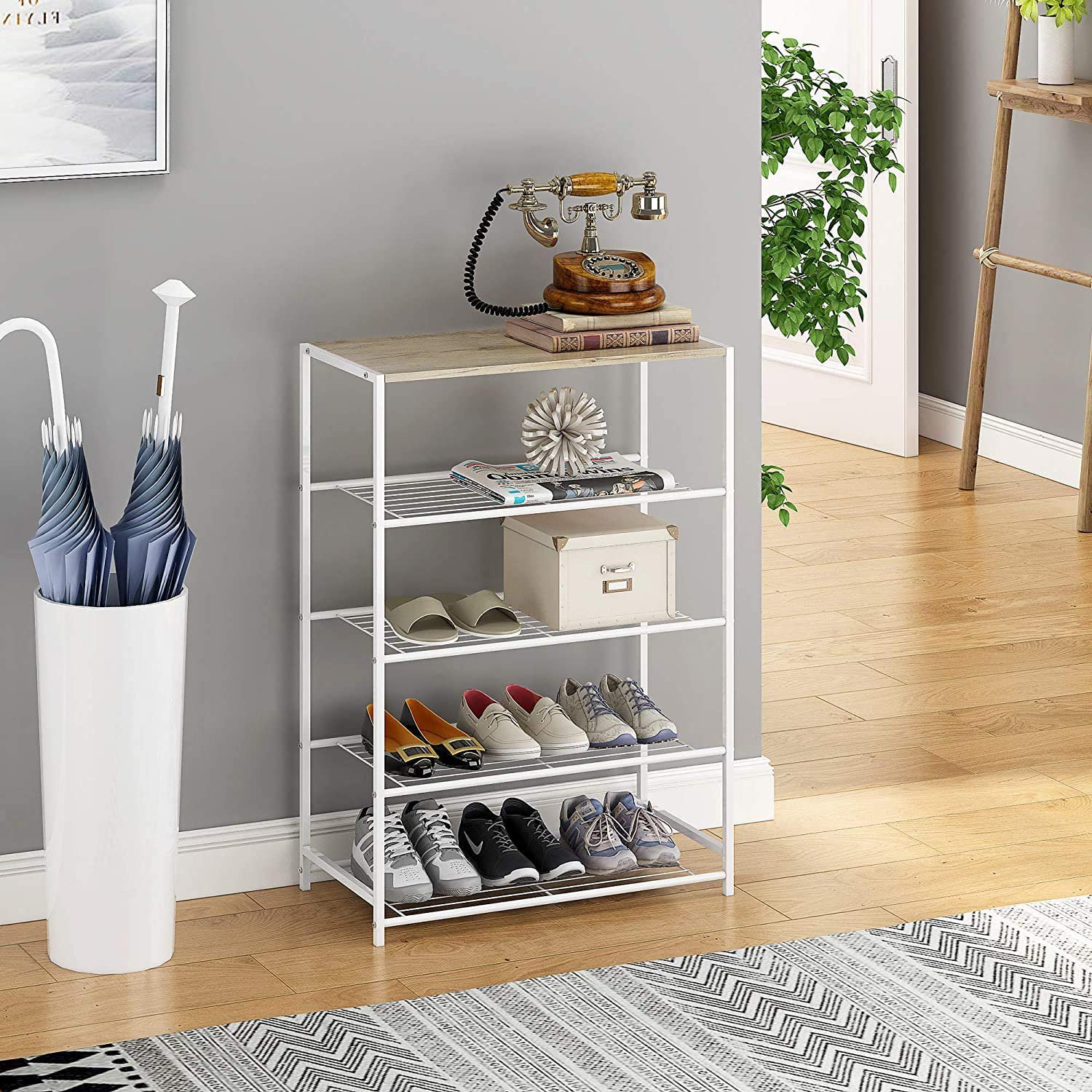Practical Shoes Shelf,with 5-Tier and 8 Hooks,Storage for Living Room,Bedroom,Hallway UDEAR Entryway Coat Rack