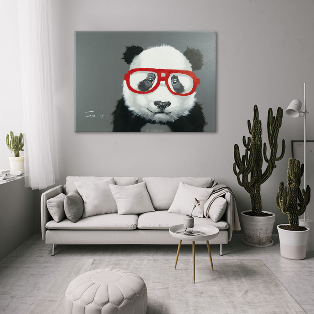 Bignut Wall Art 100% Hand Painted Pop Chinese Lovely Panda Black Modern Picture Funny Animal Artwork Cute Home Canvas 20x28in