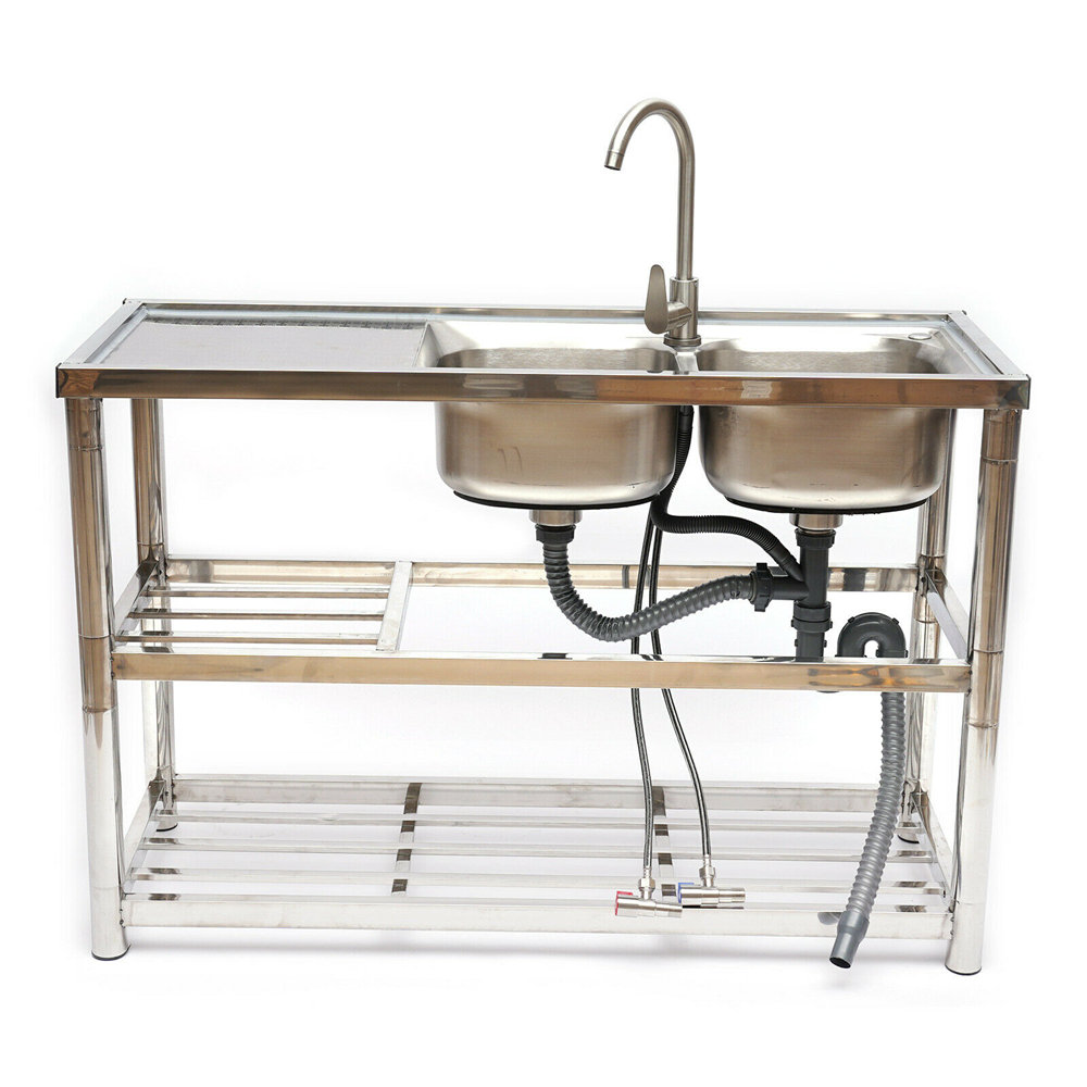 2 Compartment Stainless Steel Commercial Kitchen Sink 360° Faucet With 2 Drainer Tap Free-Standing Utility Sink