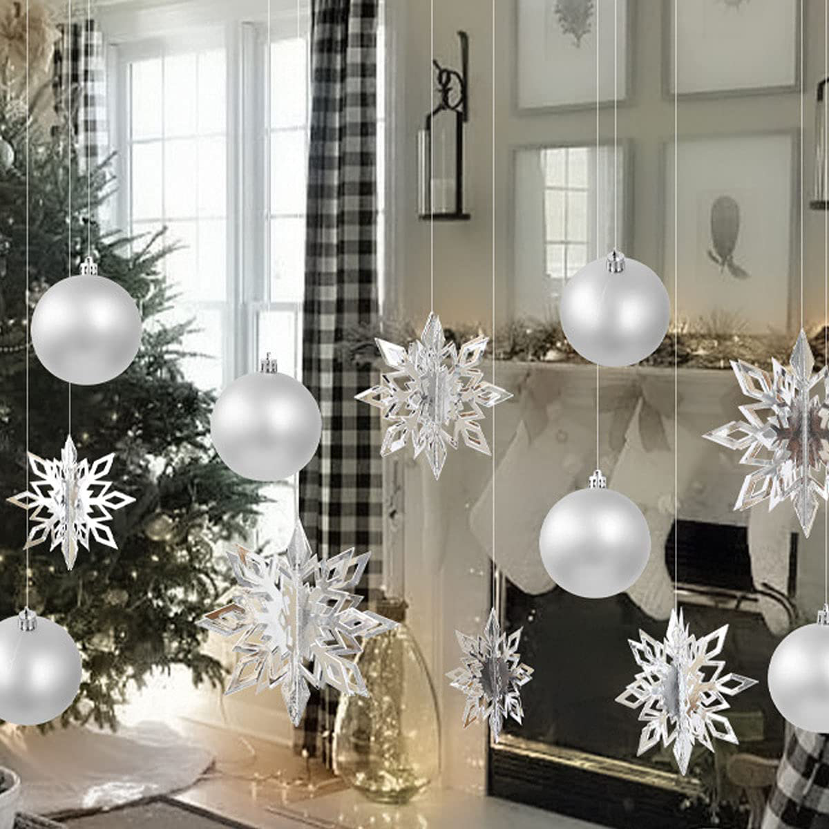 Whaline 40 Pcs Silver Glitter Snowflake Hanging Ornaments with 197 Inches Silver Rope Christmas Tree Decorations Xmas Window Door Accessories