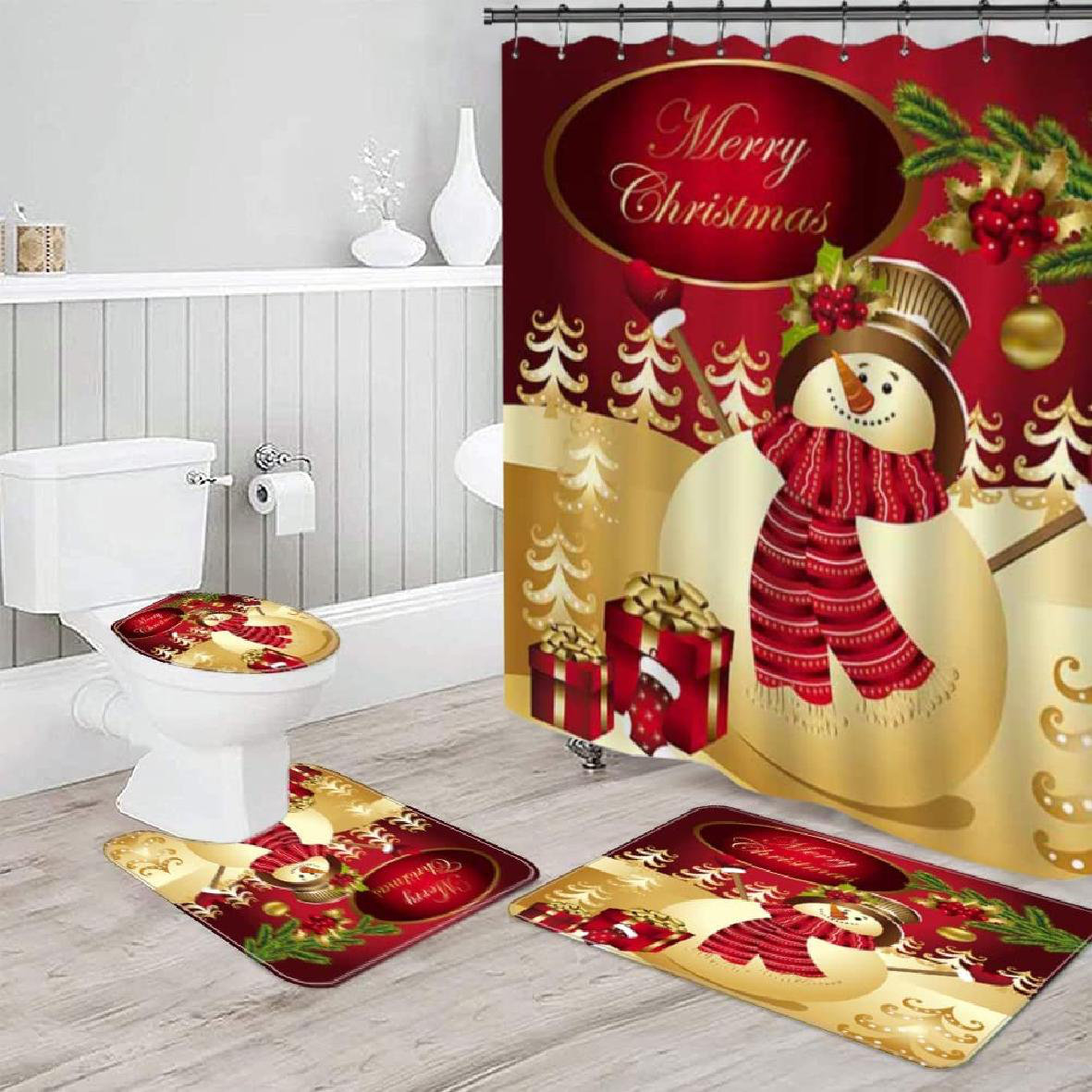 4Pcs Santa Christmas Shower Curtain Set with Toilet Seat Mat Anti Slip Soft Rugs 