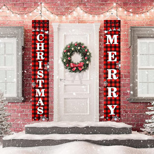 Merry Christmas Banner Buffalo Plaid Christmas Porch Sign Hanging Xmas Decor