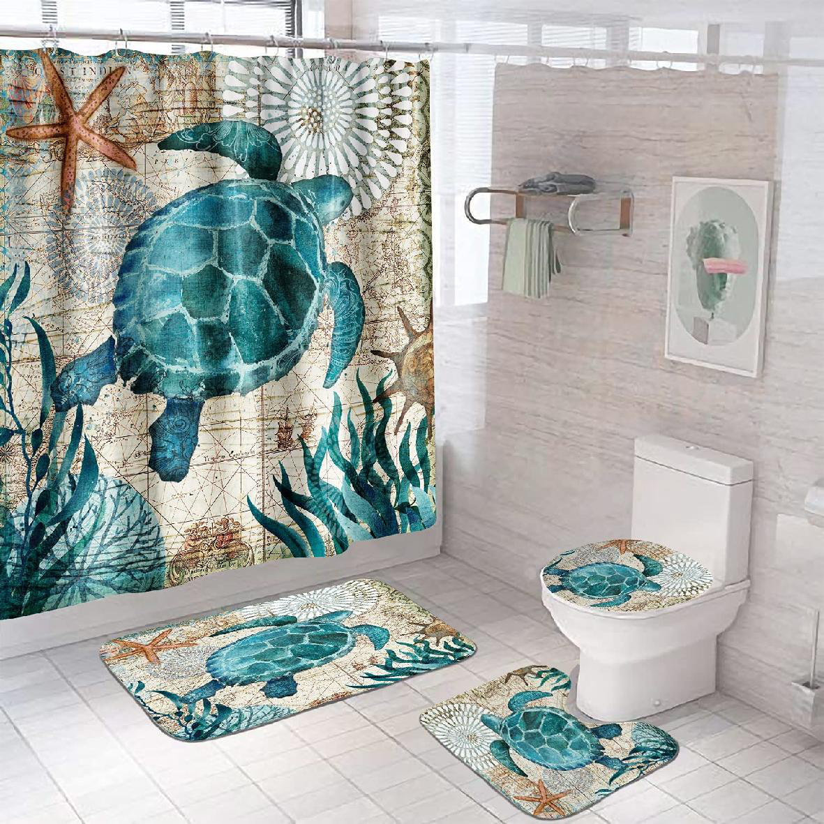 3PCS Marbling Non-Slip Pedestal Rug Toilet Lid Cover Bath Mat Bathroom Set Decor 