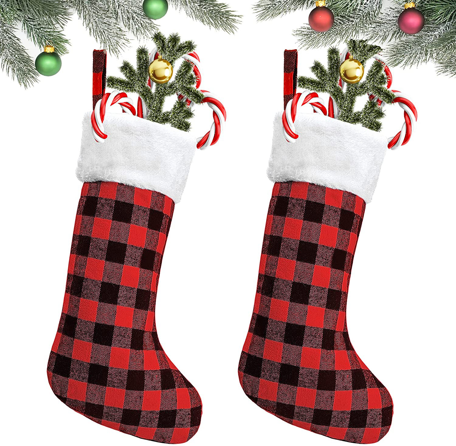 3pcs Christmas Buffalo Plaid Plush Stockings Fireplace Tree Ornaments Gift Bags 