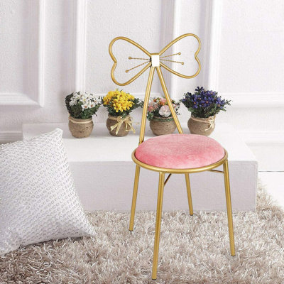 Butterfly Bow Tie Pink Vanity Chair Velvet Cushion Metal Frame Lounge Dresser Seat With Butterfly Backrest